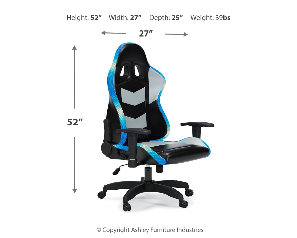 Signature Design by Ashley Lynxtyn Swivel Home Office Gaming Chair with LED Lighting - Ergonomic Computer Desk Chair for Work & Gaming - Black & Gray Modern Executive Chair for Office, Study Room & Game Room