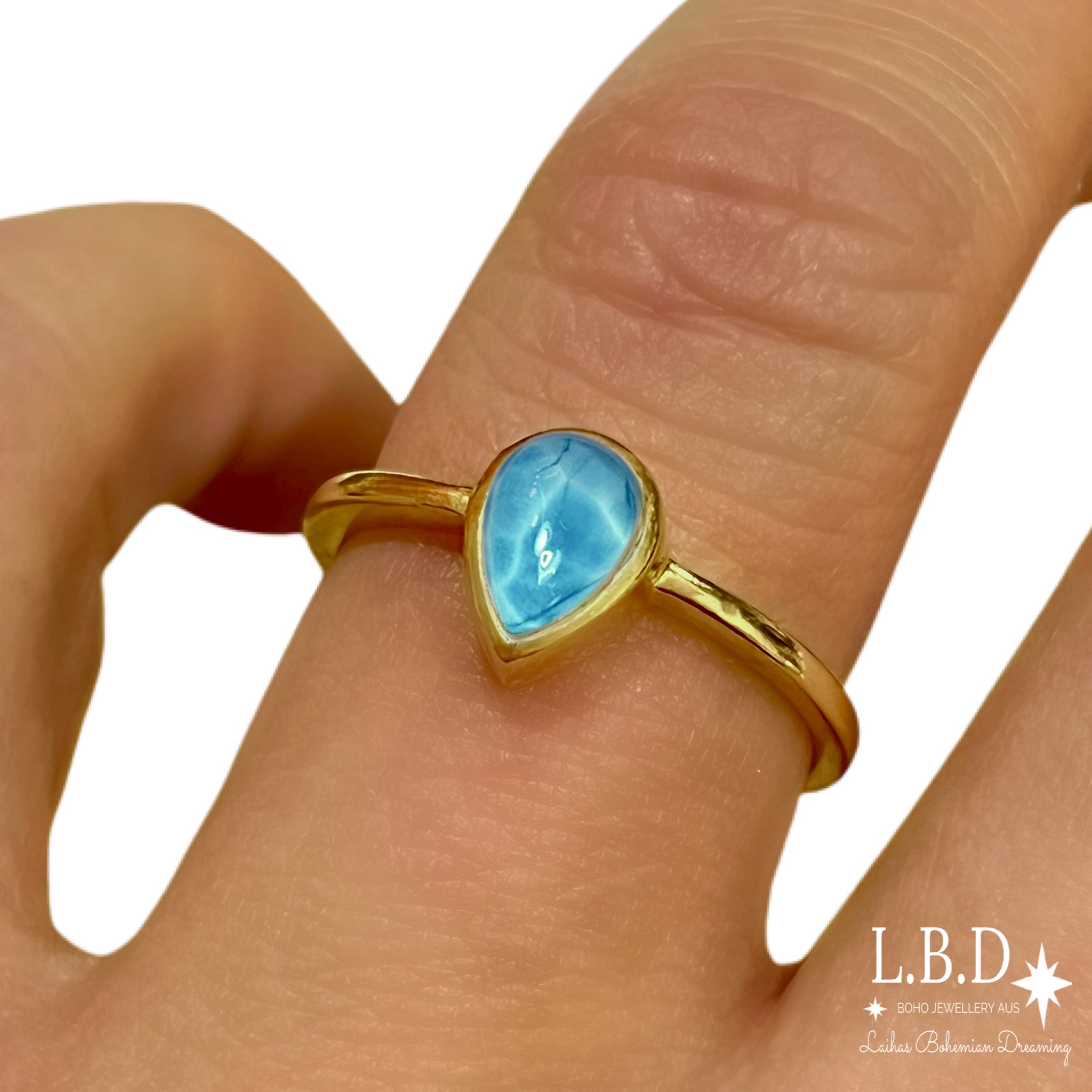 Laihas Mini Tearing Spirit Gold Larimar Ring - Elegant Blue Gemstone Jewelry for Women, Perfect for Everyday Wear, Gift Giving & Special Occasions
