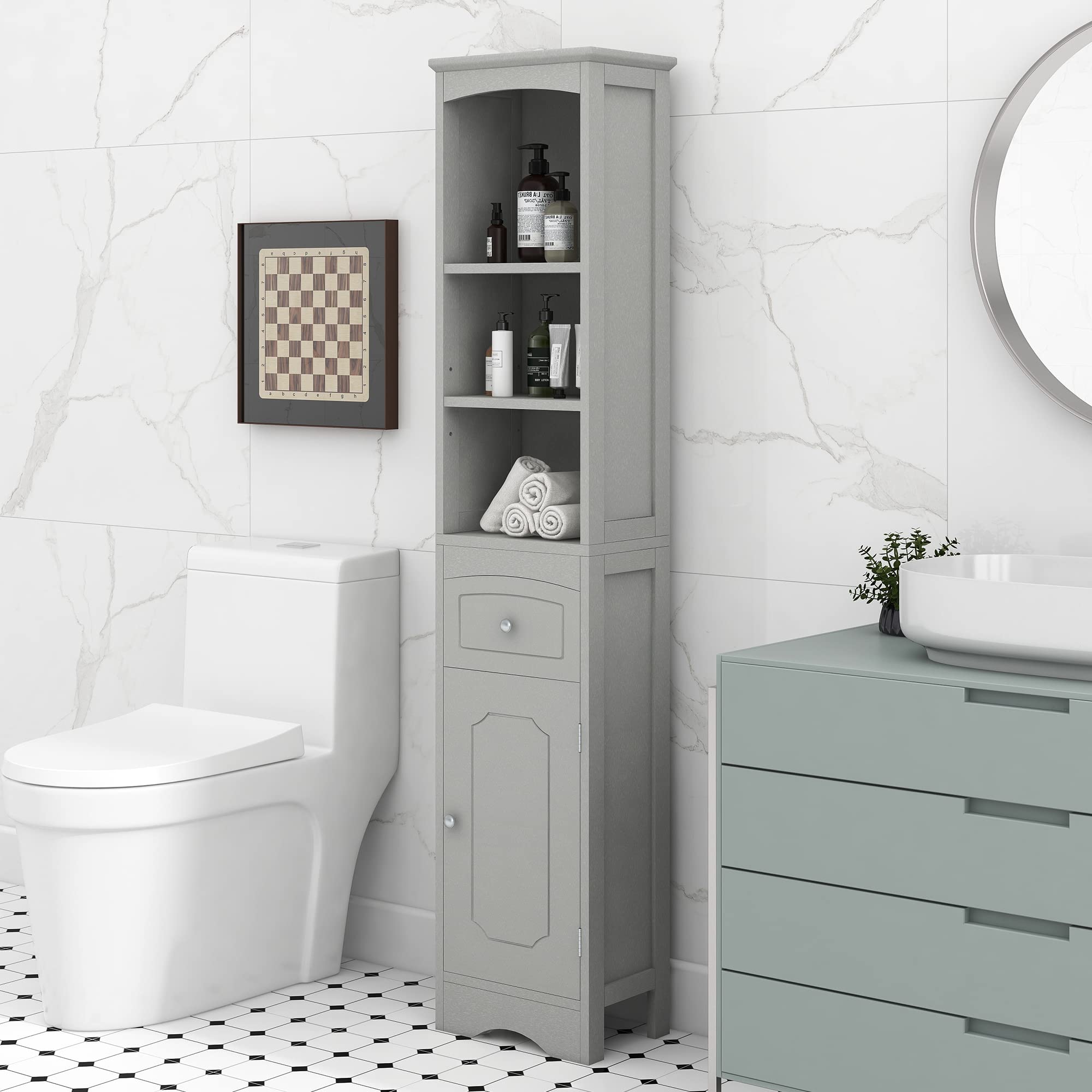 Freestanding Bathroom Storage Cabinet with Doors, Drawer & Shelves - Slim Narrow Linen Tower Organizer for Towels & Toiletries (Grey) - Perfect for Small Bathrooms, Apartments & Powder Rooms