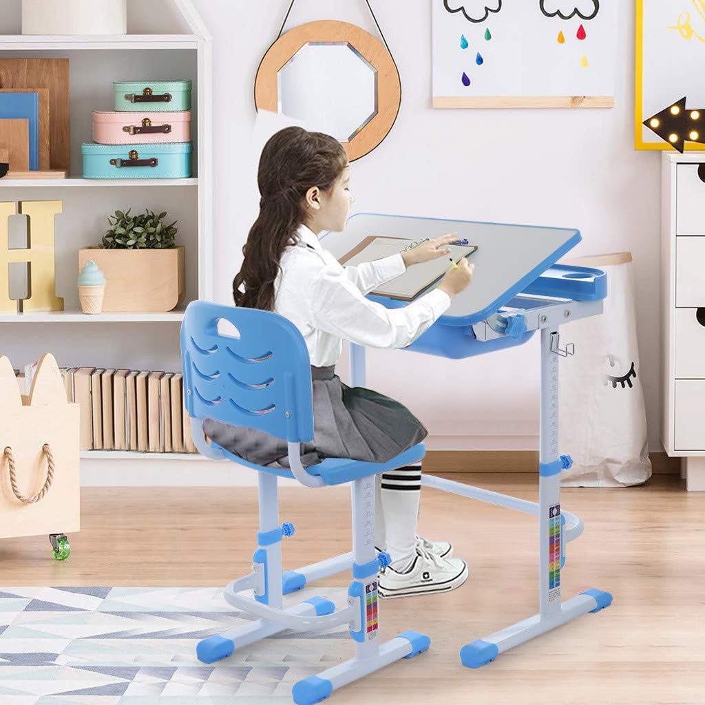 Adjustable Kids Study Desk and Chair Set with Pull-Out Drawer & Tilted Desktop - Ergonomic Children's Learning Table for Reading, Writing & Drawing (Blue) - Perfect for Homeschooling, Online Classes & Creative Workspaces