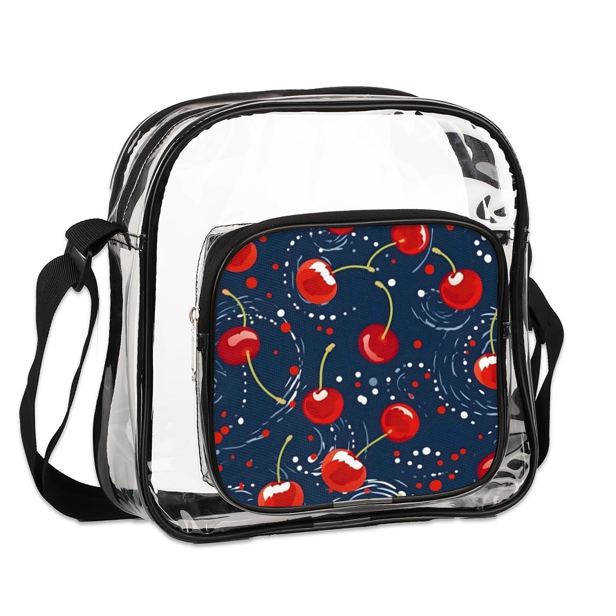 Dotted Cherry Clear Crossbody Purse Bag - Red & Blue Polka Dot Transparent Stadium Bag for Women & Men | Approved for Concerts, Festivals & Sports Events | Perfect for Music Festivals, NFL Games & Theme Parks