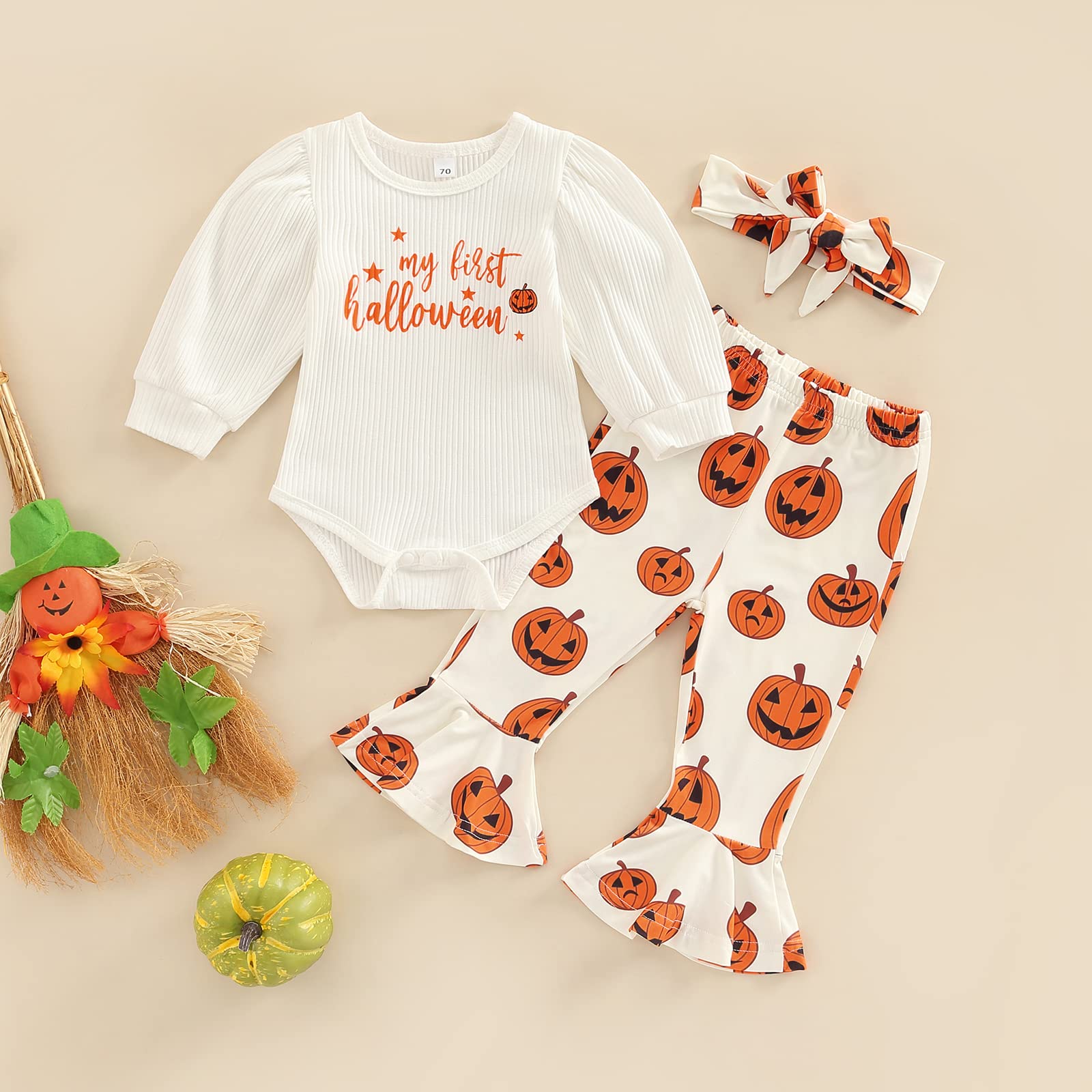 Adorable Halloween Baby Girl Outfit - Puff Sleeve Romper with Pumpkin Print & Bell Bottoms + Matching Headband | Newborn Halloween Costume Set for Photo Shoots & Trick-or-Treating