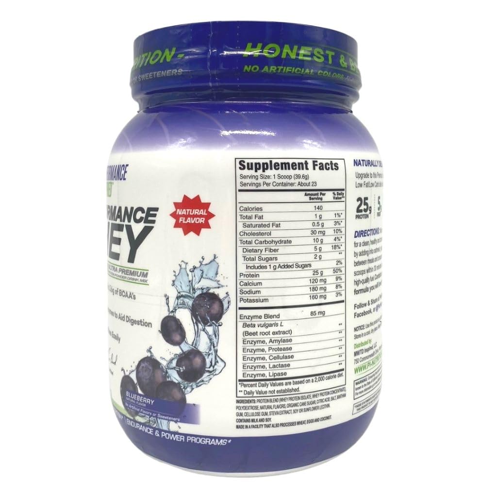 Performance Inspired Whey Protein Powder - All Natural, 25G Protein, BCAAs, Digestive Enzymes & Fiber - Blueberry Flavor, 2lb for Muscle Recovery & Post-Workout Nutrition