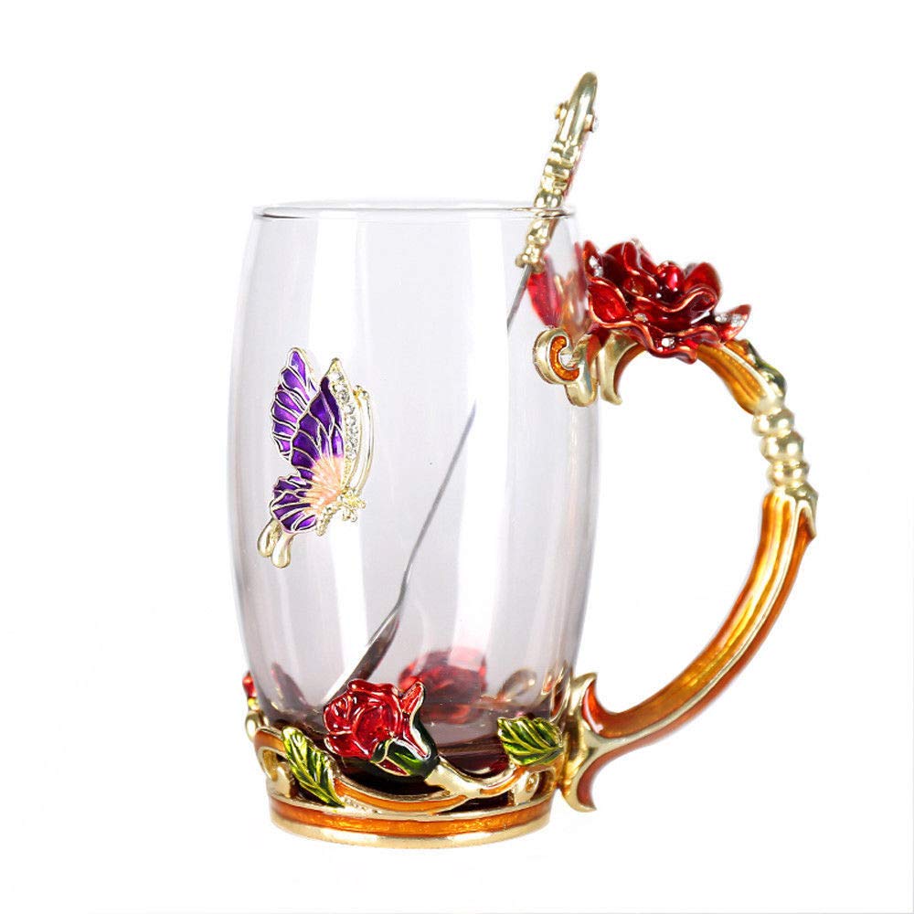 Handmade Enamel Butterfly Rose Flower Glass Coffee Mug & Tea Cup Set with Spoon - 13 oz (Red Rose) - Perfect for Home, Office, Gifts, Friend Birthday Presents & Afternoon Tea Time