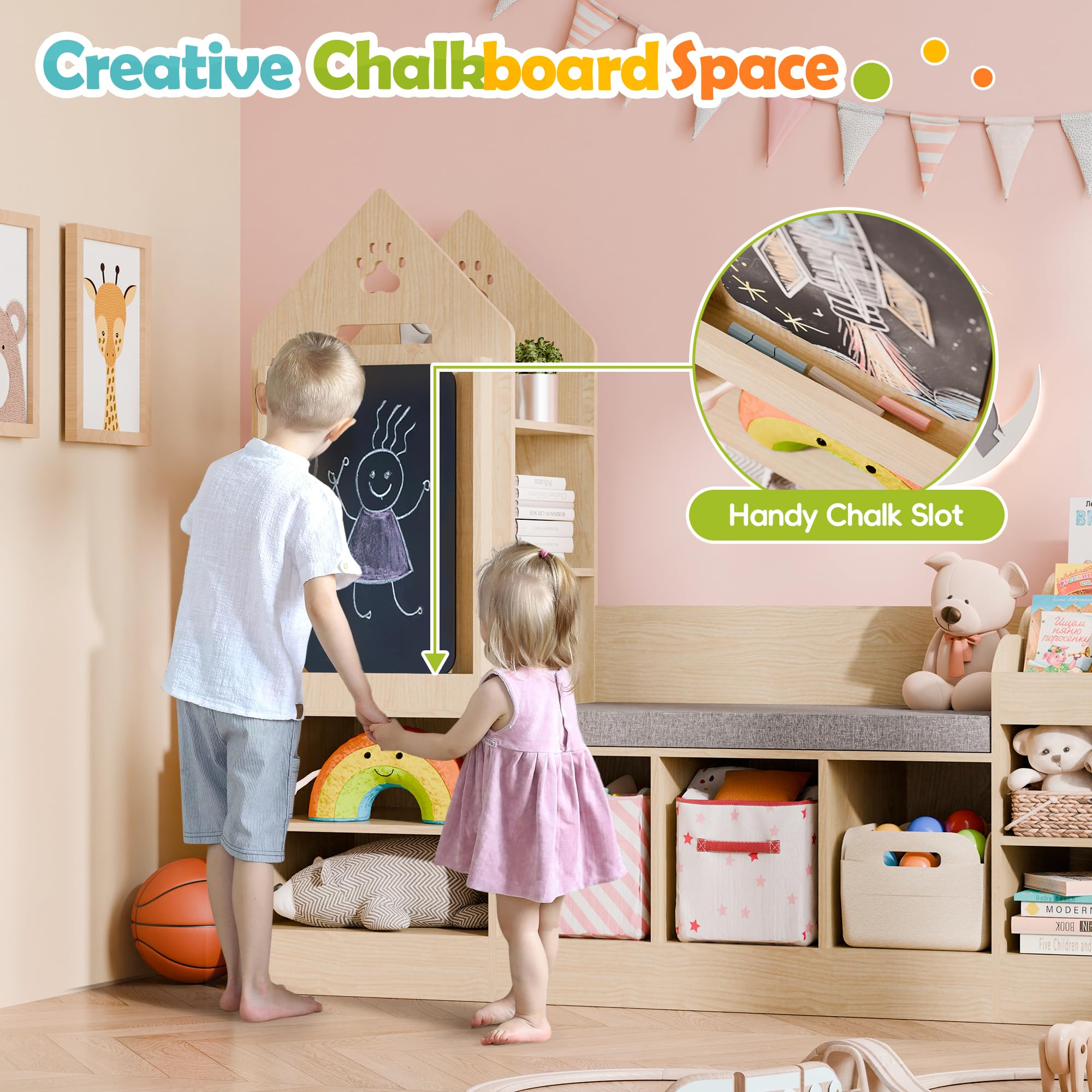 MU Kids Bookshelf with Reading Nook - Wooden Toy Storage Organizer with Chalkboard & Bench - Natural Oak Bookshelf for Boys & Girls - Perfect for Bedroom, Nursery, Playroom - Encourage Reading & Playtime Activities
