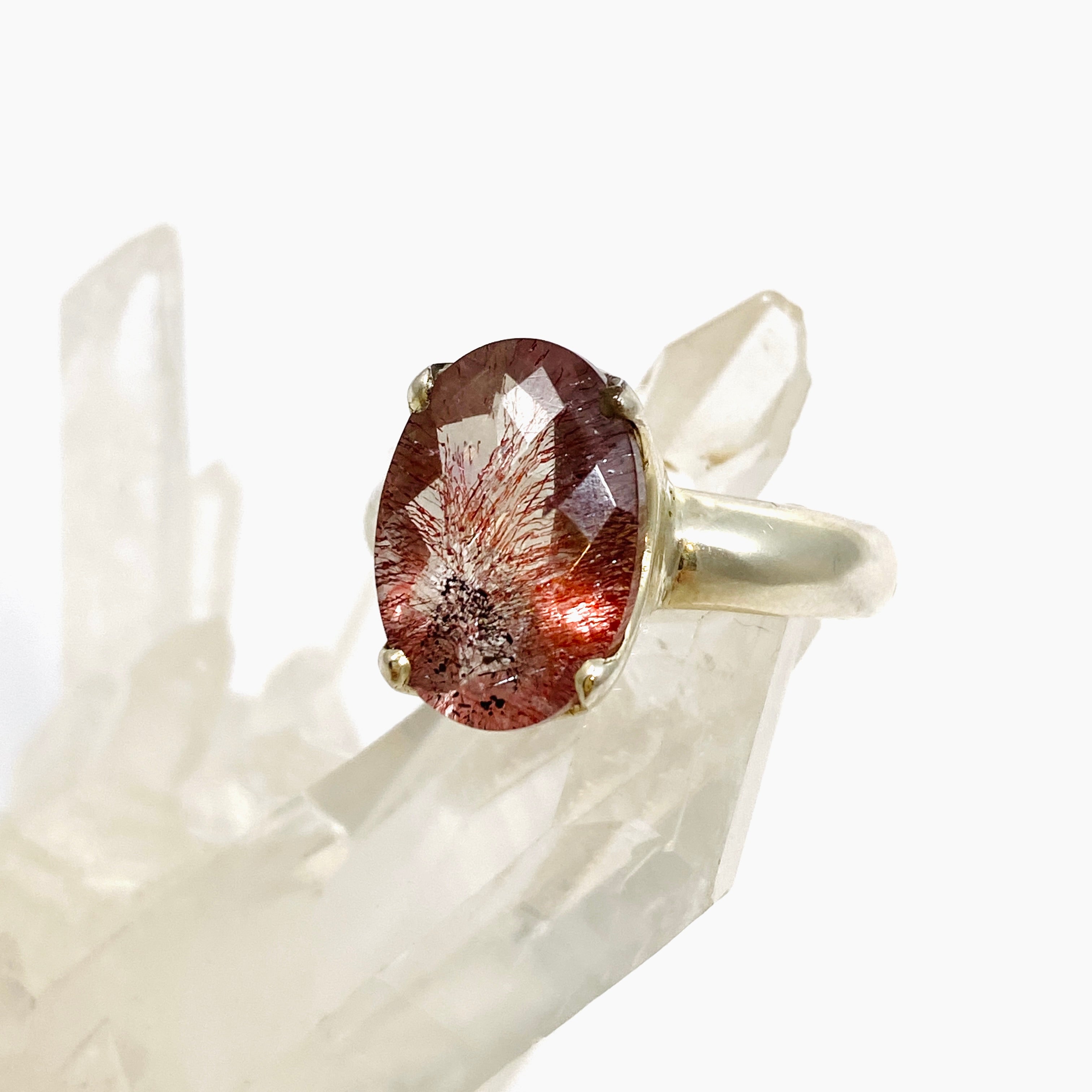 Inclusion Quartz Oval Checkerboard Faceted Ring Size 9 - Elegant Crystal Jewelry for Women, Perfect for Weddings, Parties & Everyday Wear PRGJ678