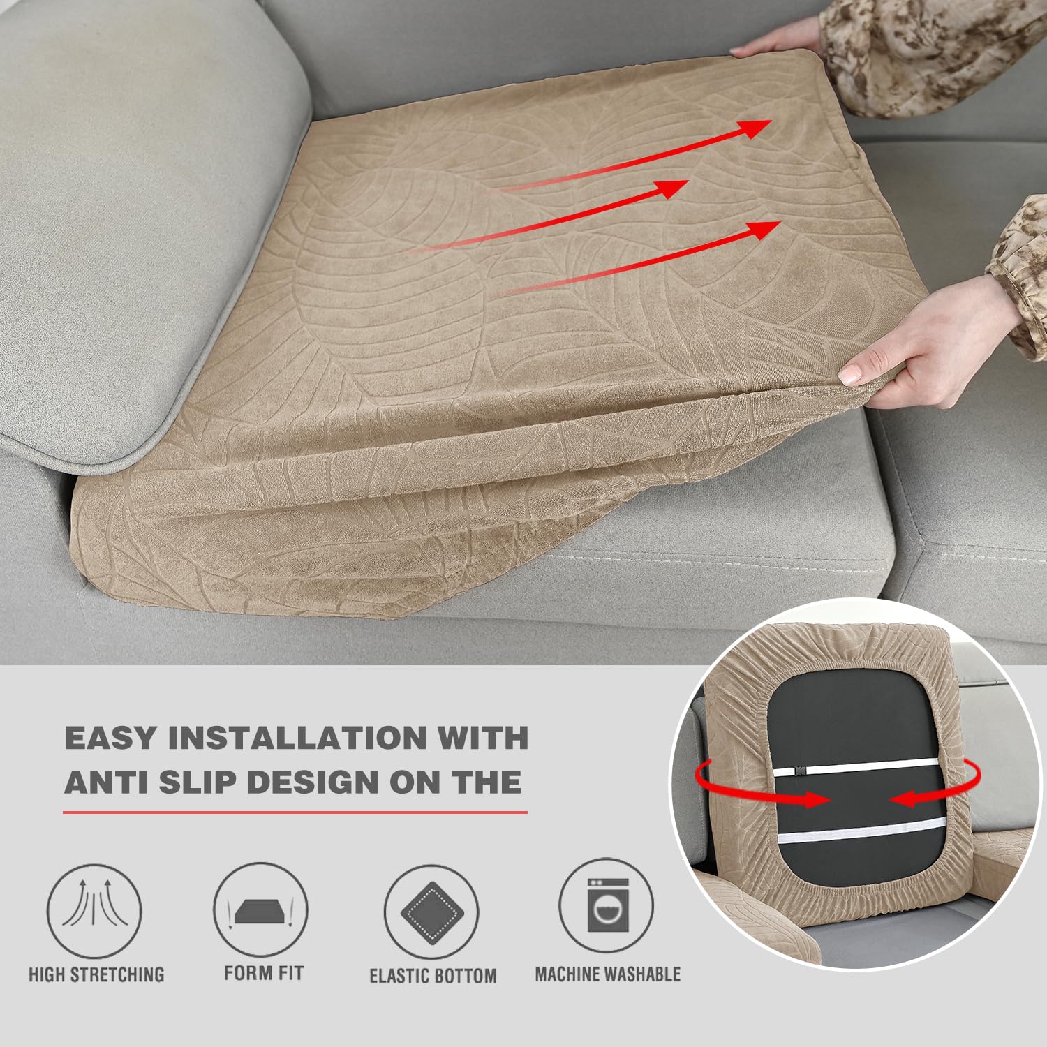 Waterproof Stretch Jacquard Sofa Cushion Covers - Washable Furniture Protector for Couch, Loveseat & Chaise (Khaki, 2-Pack) | Spill-Proof & Pet-Friendly Home Decor for Living Room, Family Room & Dorm