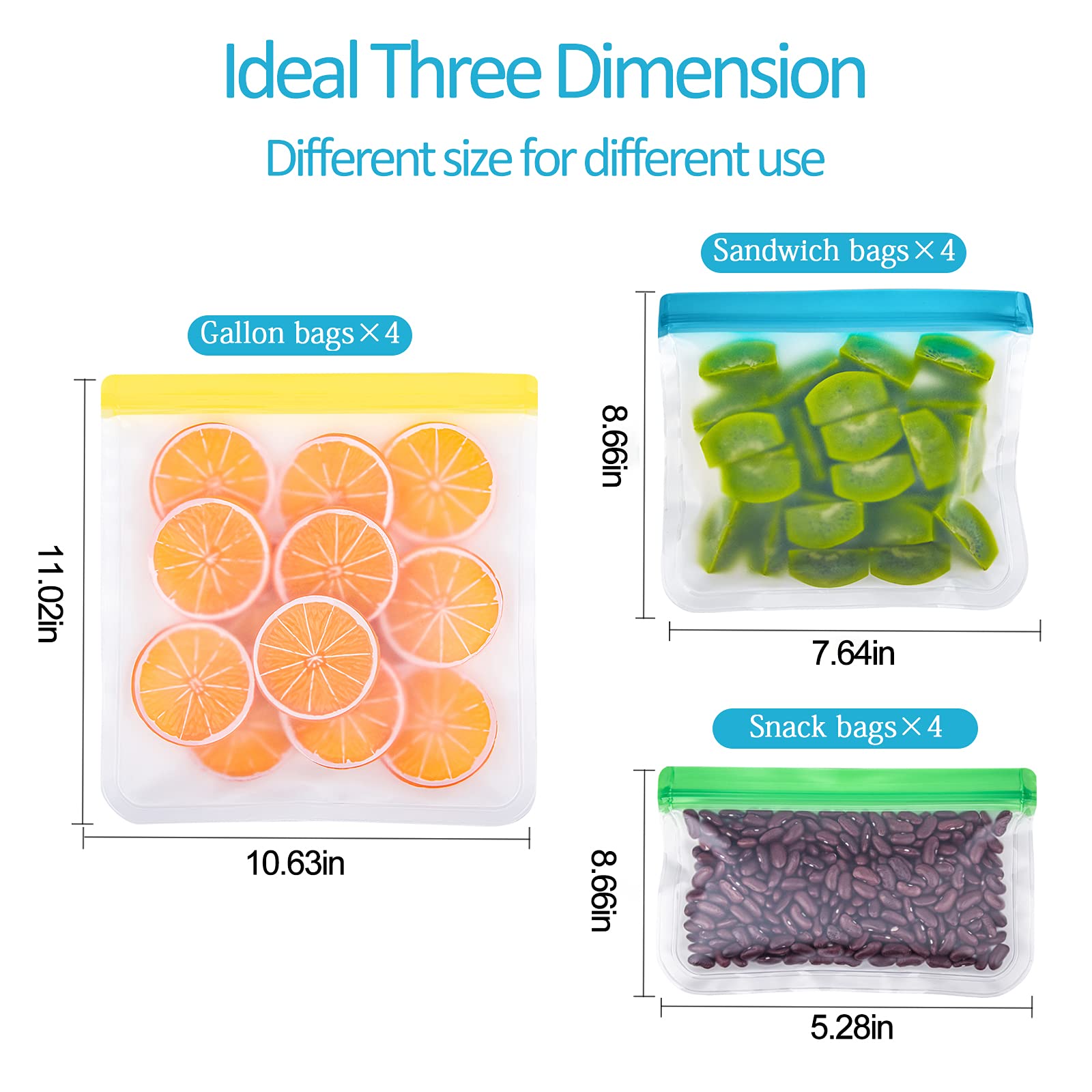 12 Pack Reusable Food Storage Bags - 4 Sandwich, 4 Snack & 4 Gallon Bags | Extra Thick Leakproof BPA Free PEVA Zipper Bags for Freezer, Fruits, Meal Prep & Lunch Box Organization (Multicolor, Eco-Friendly)