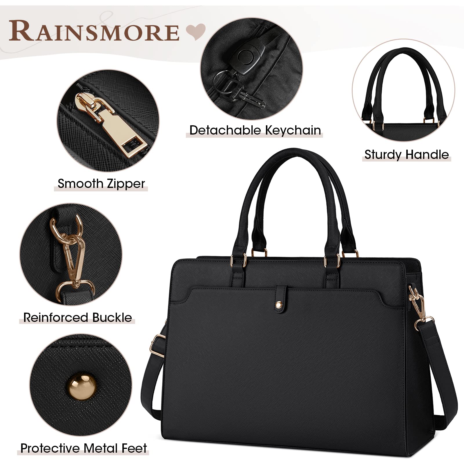 RAINSMORE 15.6 Inch Leather Laptop Tote Bag for Women - Waterproof Business Office Briefcase, Large Capacity Work Bag, Shoulder Handbag, Black - Perfect for Commuting, Travel, and Professional Meetings