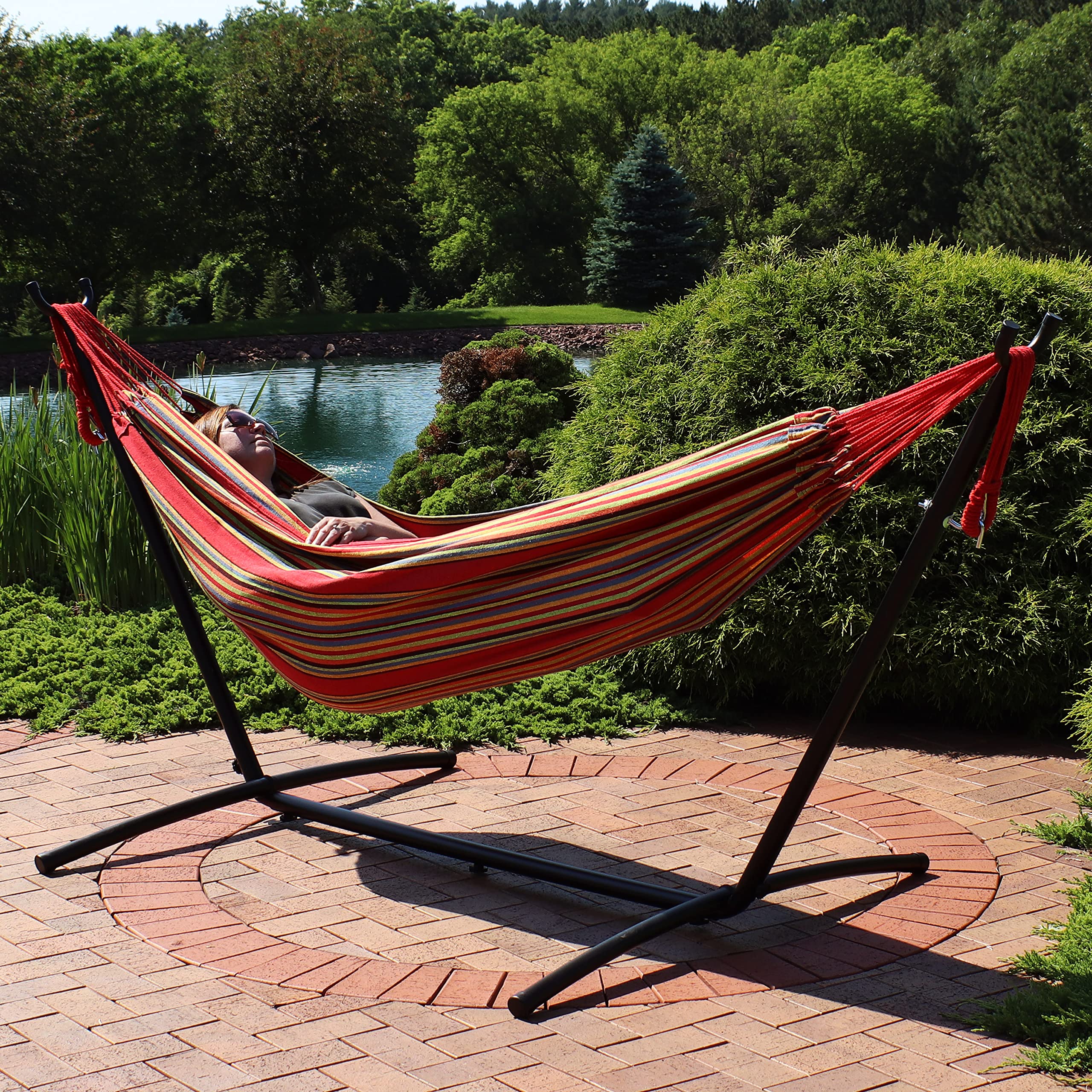 Premium Double Brazilian Hammock with Stand - 400lb Weight Capacity - Includes Carrying Case - Black Steel Frame - Sunset Design - Perfect for Backyard, Patio, Beach & Camping Relaxation