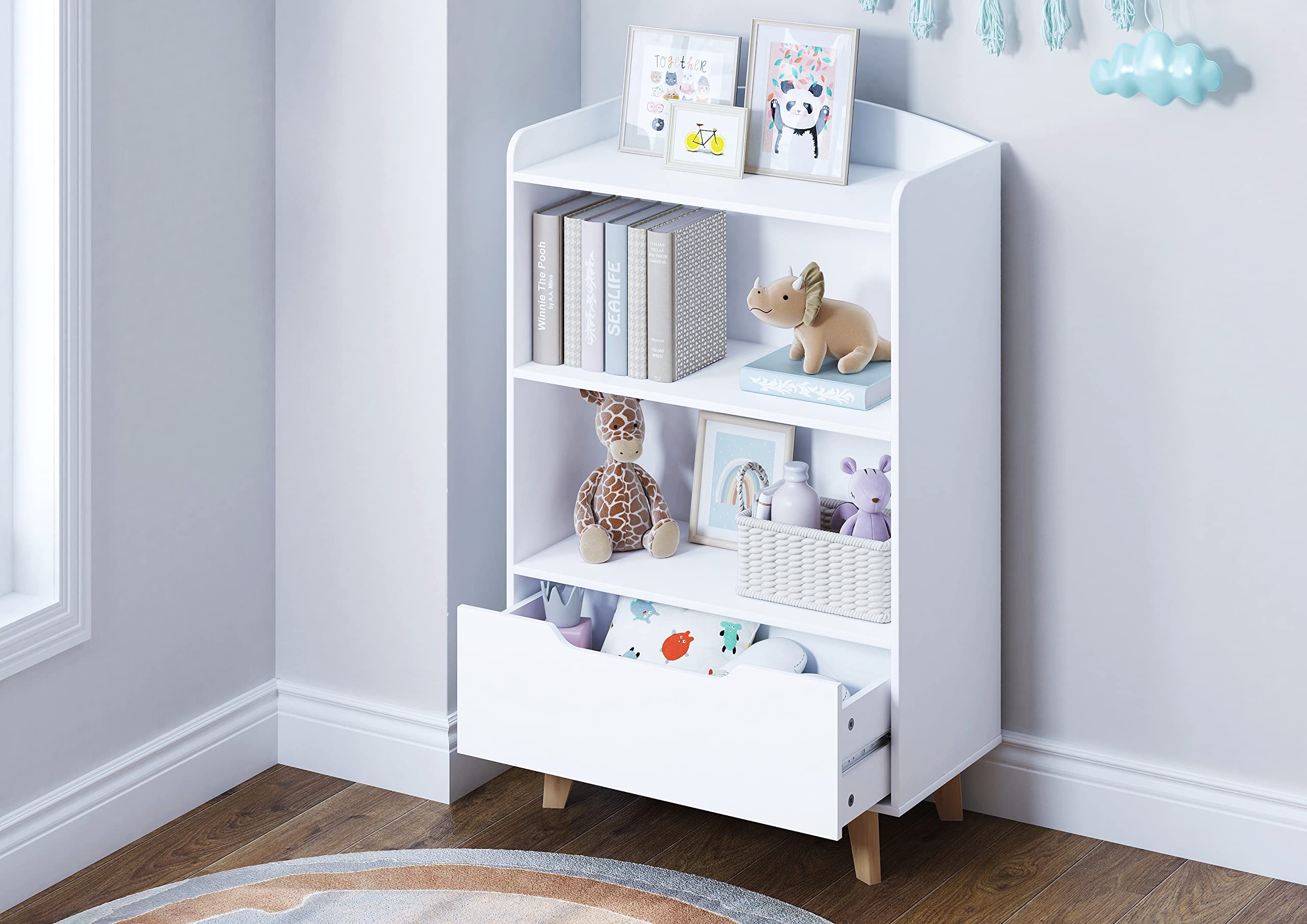 UTEX Kids Bookshelf with Storage Drawer - Wooden Toy Organizer for Playroom, Nursery, School - White | Perfect for Kids' Bedroom, Classroom & Daycare Storage