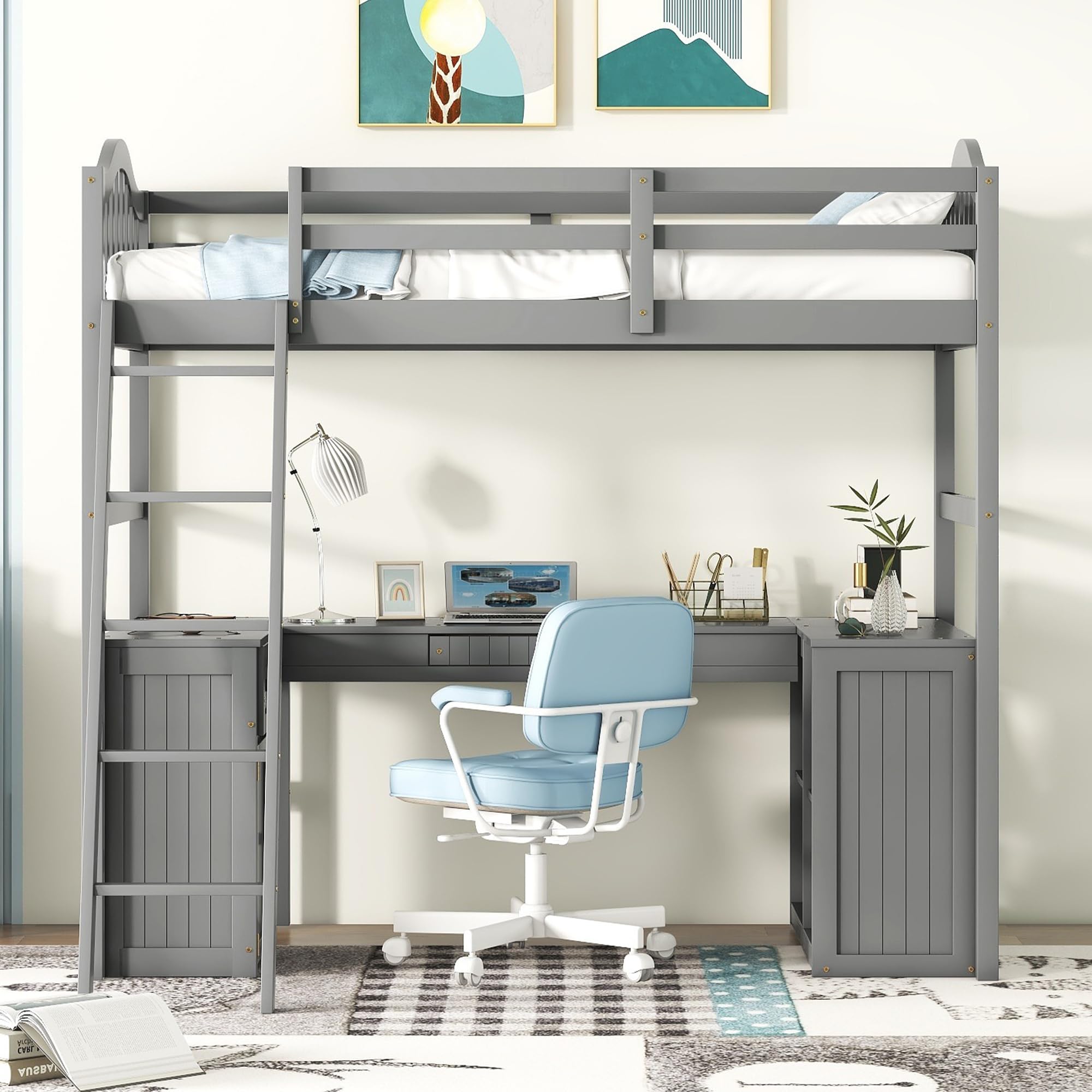 Twin Loft Bed with Desk, Drawer & Cabinet - Sturdy Wood Loft Bed with Bookcase Shelves for Kids, Teens & Adults - Space-Saving Dorm Furniture for Small Rooms (Gray) - Perfect for Bedrooms, Apartments & College Dorms