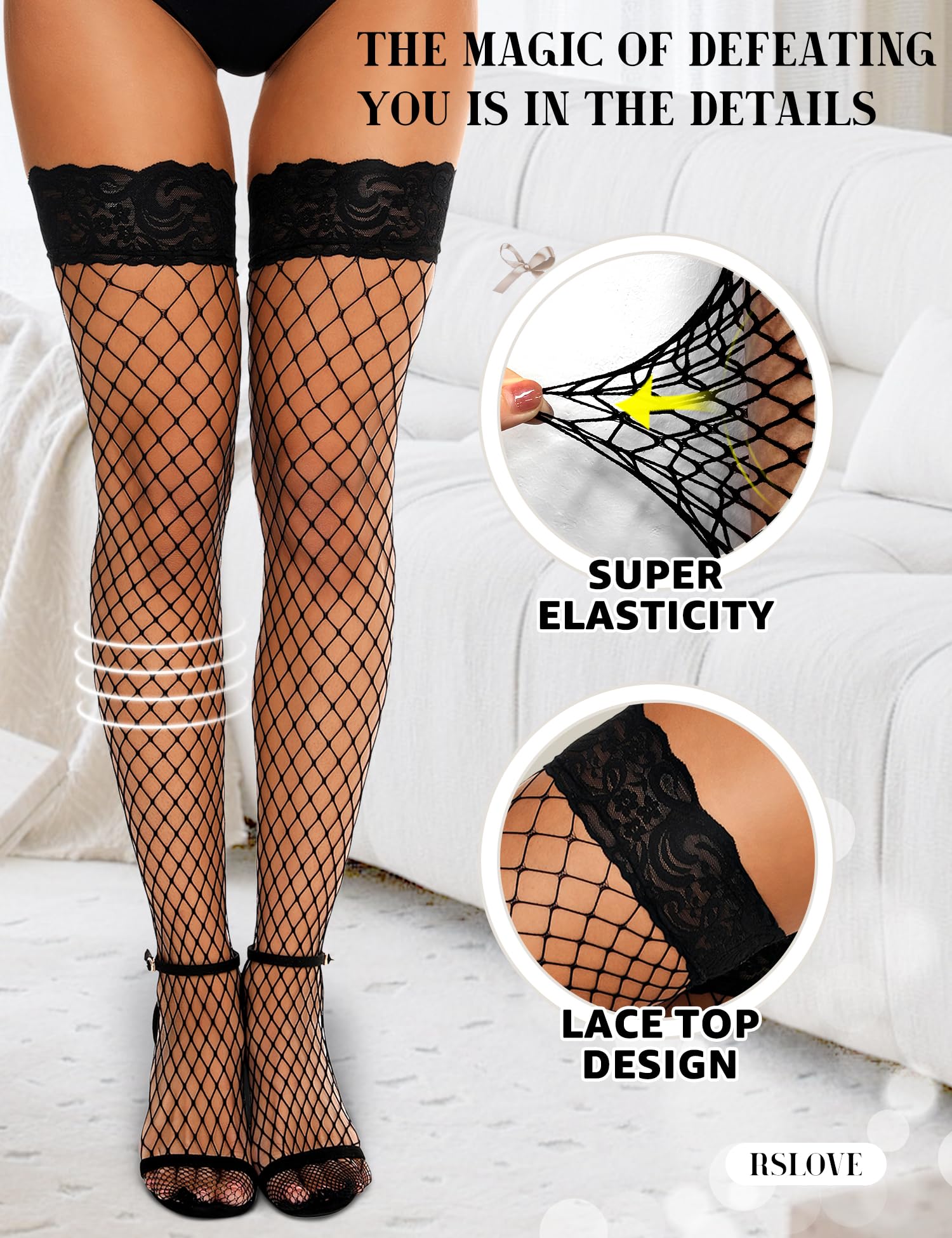 RSLOVE Women's Lace Top Fishnet Thigh-High Stockings with Anti-Slip Silicone Band - Sexy Stay-Up Tights Pantyhose for Date Night & Special Occasions