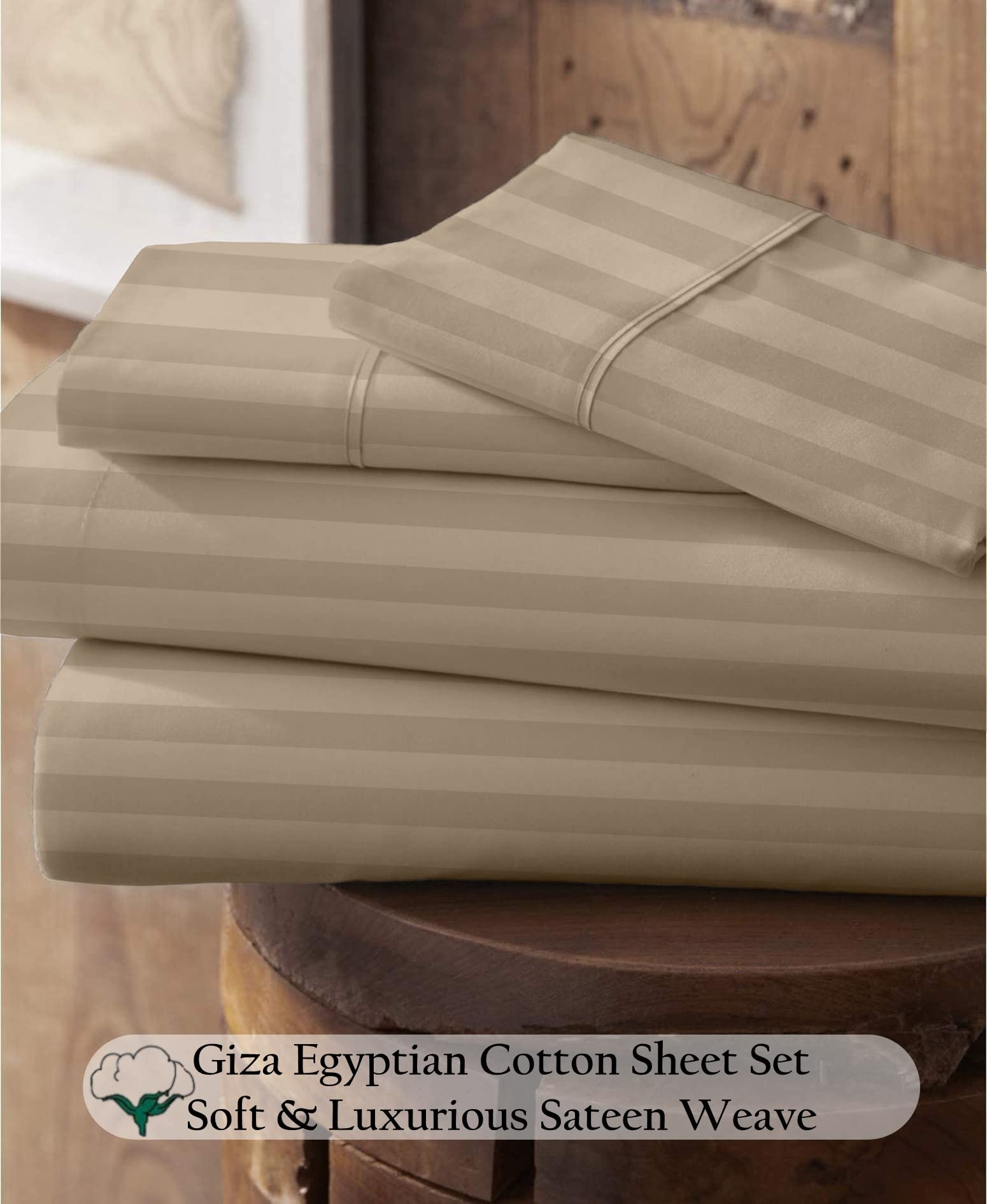 100% Certified Giza Cotton Pillowcase & Sheet Set Queen Size - Premium Egyptian Cotton, Soft Sateen Weave, Breathable Bedding for Deep Pocket Mattress (15