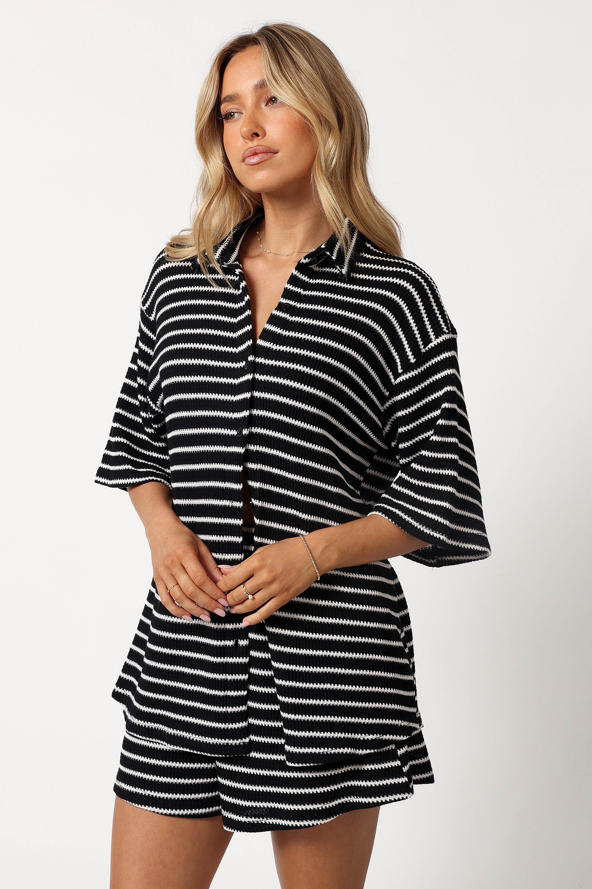 Linnea Women's Short Sleeve Top and Shorts Set - Black & White Outfit for Summer Casual Wear, Beach Vacation, and Lounge Comfort
