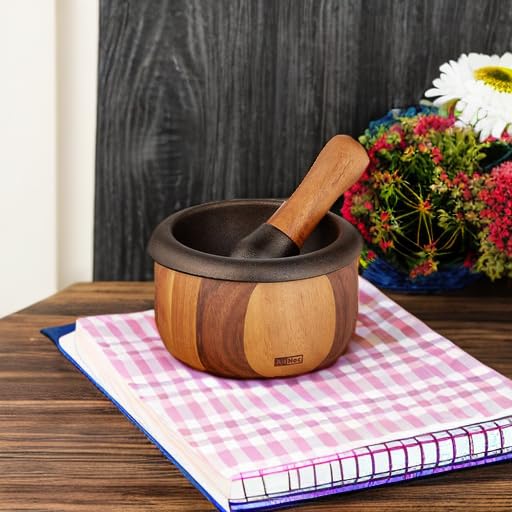Premium Acacia Wood & Cast Iron Mortar and Pestle Set - Handcrafted Herb Grinder for Spices, Garlic, Peppercorns - Rustic Kitchen Tool for Grinding, Crushing & Mixing - Perfect for Home Cooking, Baking & Herbal Remedies