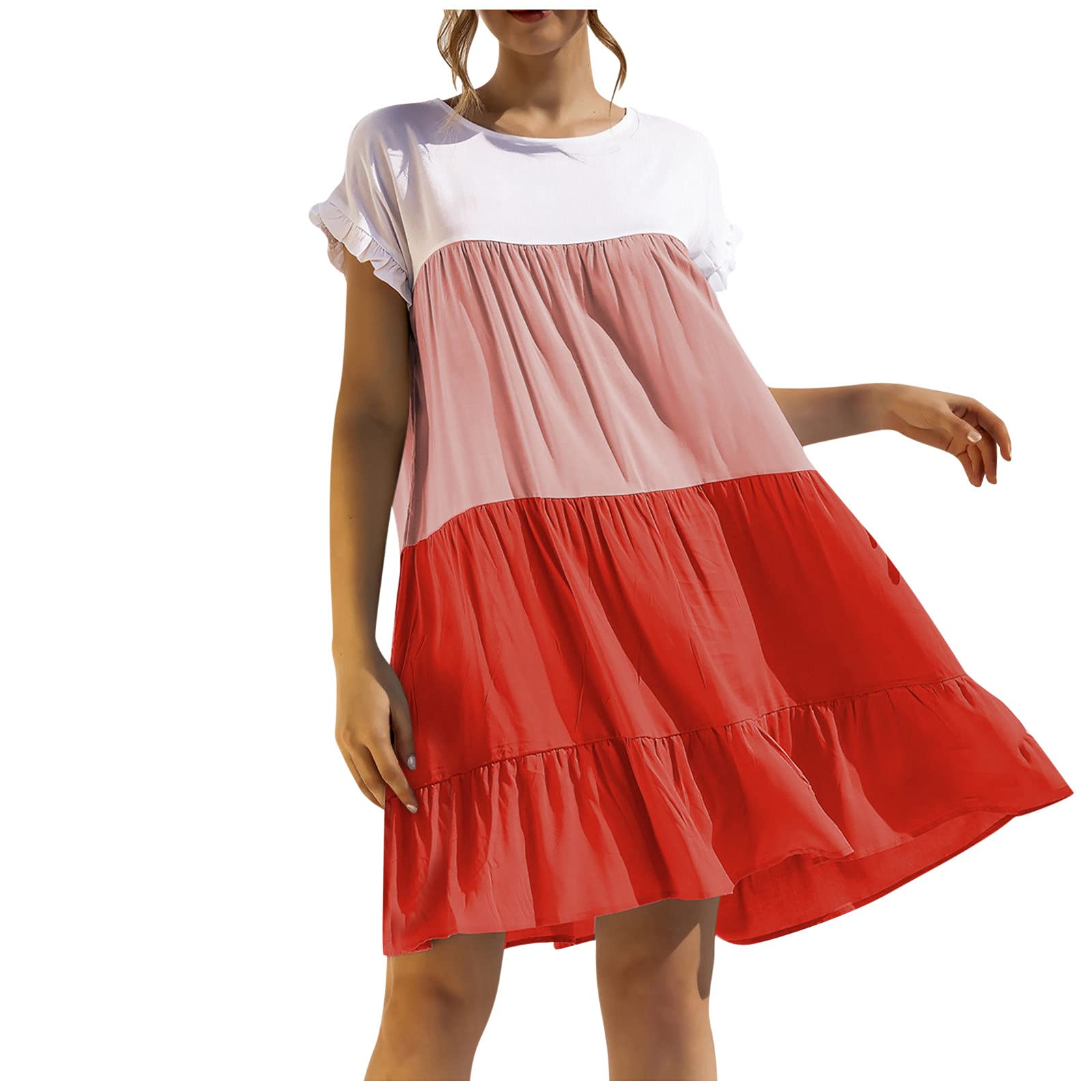 Women's Casual Summer Dress - Loose Fit Short Sleeve Round Neck Stitched Swing Dress for Cocktail Party, Beach, Vacation & Everyday Wear