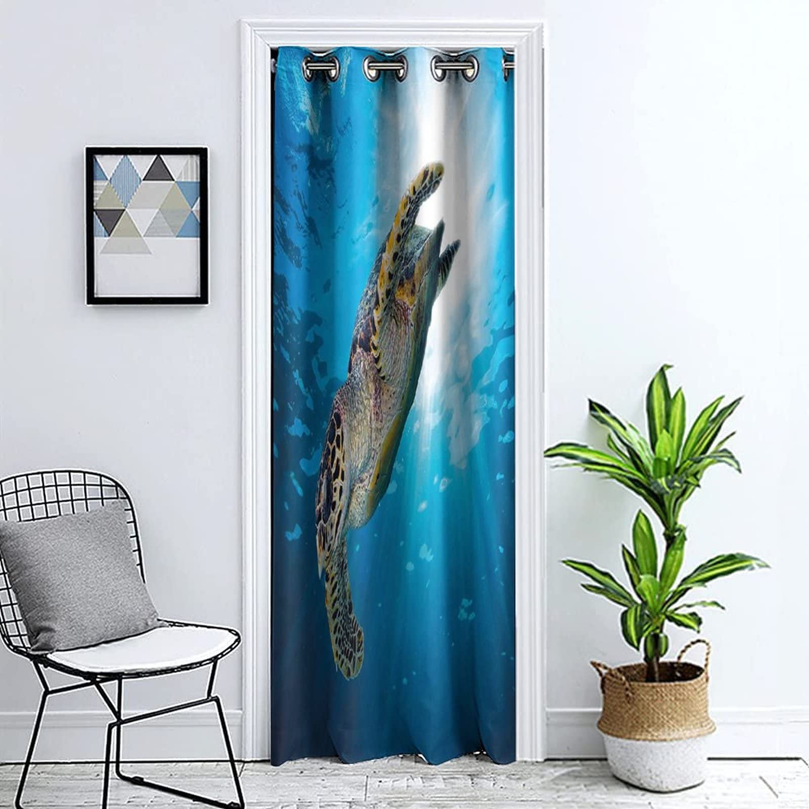 Ocean Turtle Print Door Curtain - 42x96 Inch Single Panel Privacy Doorway Drape with Grommets, Hawksbill Sea Turtle Design for Bedroom, Closet or Beach House Decor - Perfect for Coastal & Nautical Theme Rooms