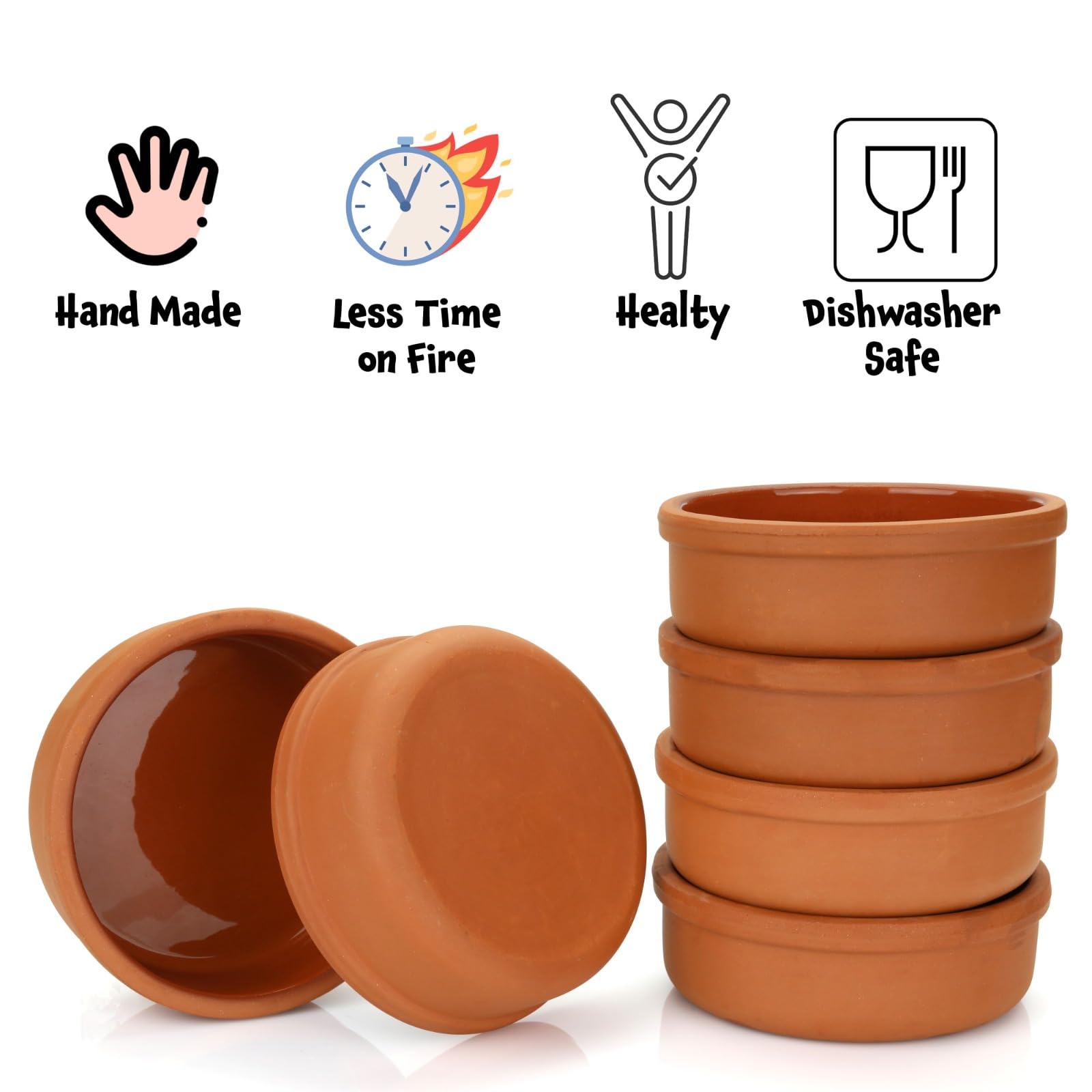 Premium Mexican Clay Cookware Set of 6 - Authentic Terracotta Pots, Bowls & Plates for Baking, Cooking & Serving - Traditional Spanish Earthenware for Yogurt, Kheer, Meat, Vegetables & Turkish Cuisine - Ideal for Slow Cooking, Stews & Authentic Mexican Dishes