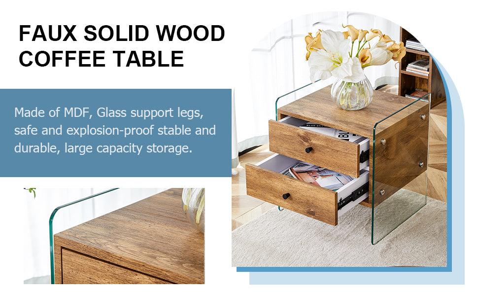 Modern Double Drawer Bedside Table with MDF Sticker Surface & Tempered Glass Sides - Elegant Design & Spacious Storage for Bedroom, Living Room, or Office