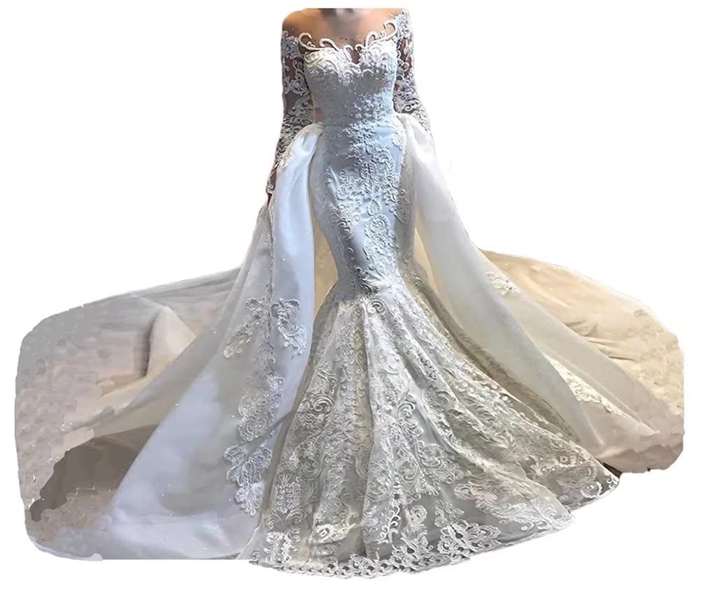 Elegant Mermaid Wedding Dresses for Bride - Long Sleeve Beaded Bridal Gowns with Detachable Train | Perfect for Beach, Church & Formal Weddings