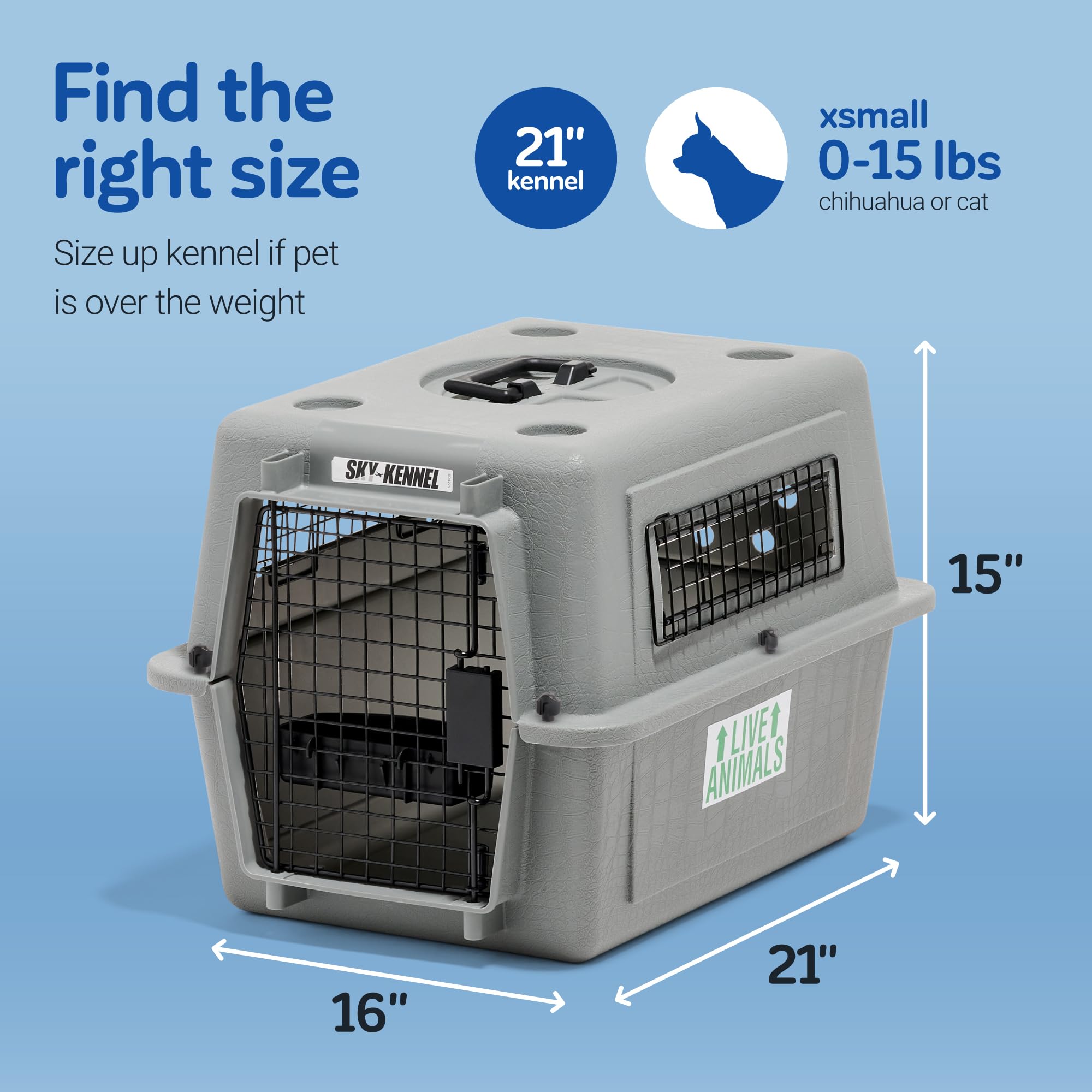 Petmate Sky Kennel - Airline Approved Travel Dog Crate for Small Pets up to 15 lbs, Heavy Duty Plastic Pet Carrier for Airplane & Car Travel - 21 Inch (Made in USA) - Perfect for Flying, Road Trips & Vet Visits