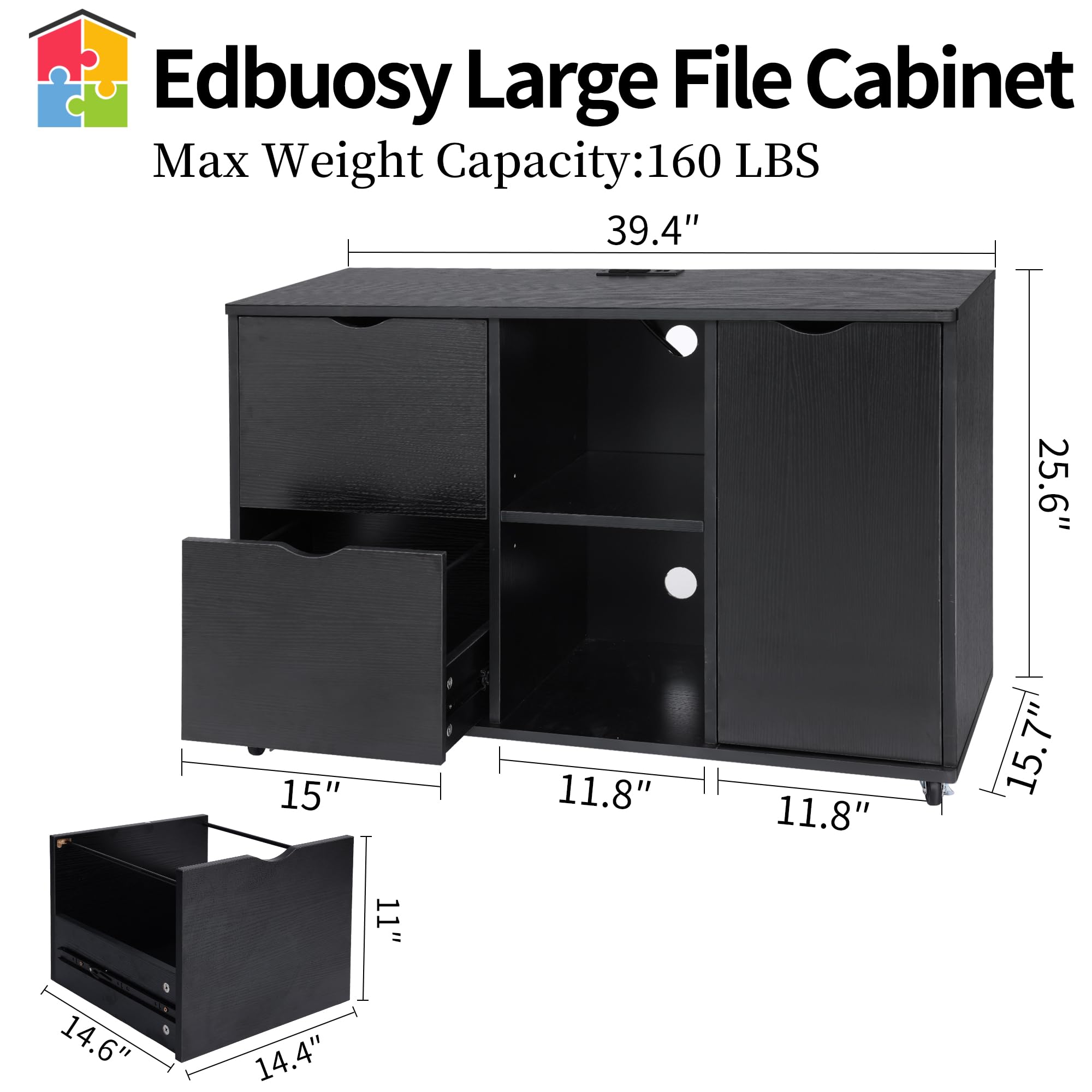 Black Mobile File Cabinet with Charging Station - Home Office Storage for Letter/Legal/A4 Files - Workspace Organizer