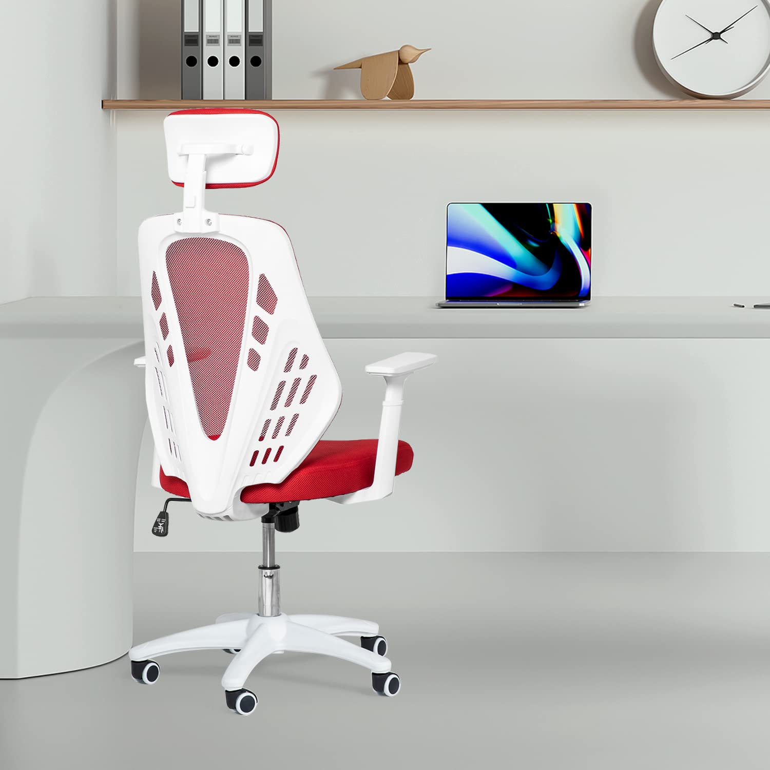 MoNiBloom Ergonomic Mesh Office Chair with Adjustable Headrest, Wheels & T-Shaped Armrests - Comfortable Rolling Swivel Computer Desk Chair for Adults - Perfect for Home Office, Gaming & Workspaces (Red)
