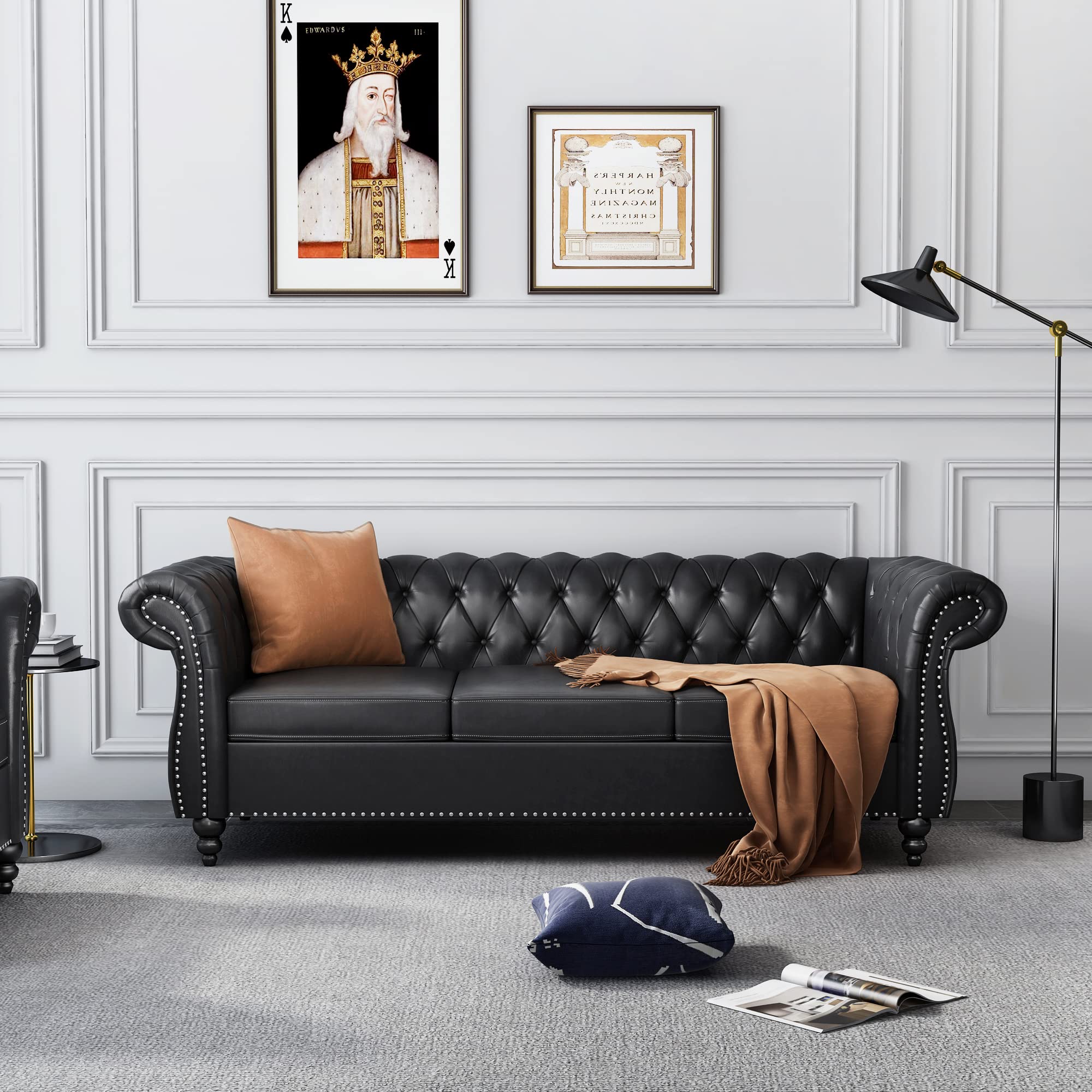 ONCIN Chesterfield Sofa - 3 Seater Faux Leather Tufted Couch with Rolled Arms & Nailhead Trim for Living Room, Bedroom, Office | Classic Black Leather Sofa for Home Decor & Comfortable Seating