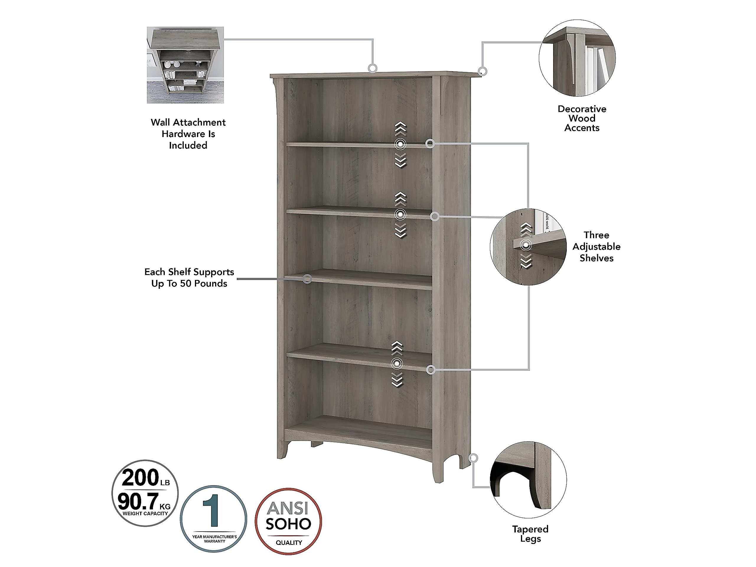 Bush Furniture Salinas 5-Shelf Bookcase in Driftwood Gray - Tall Wooden Bookshelf for Living Room, Home Office, Entryway - Perfect for Organizing Books, Decor & Storage Needs