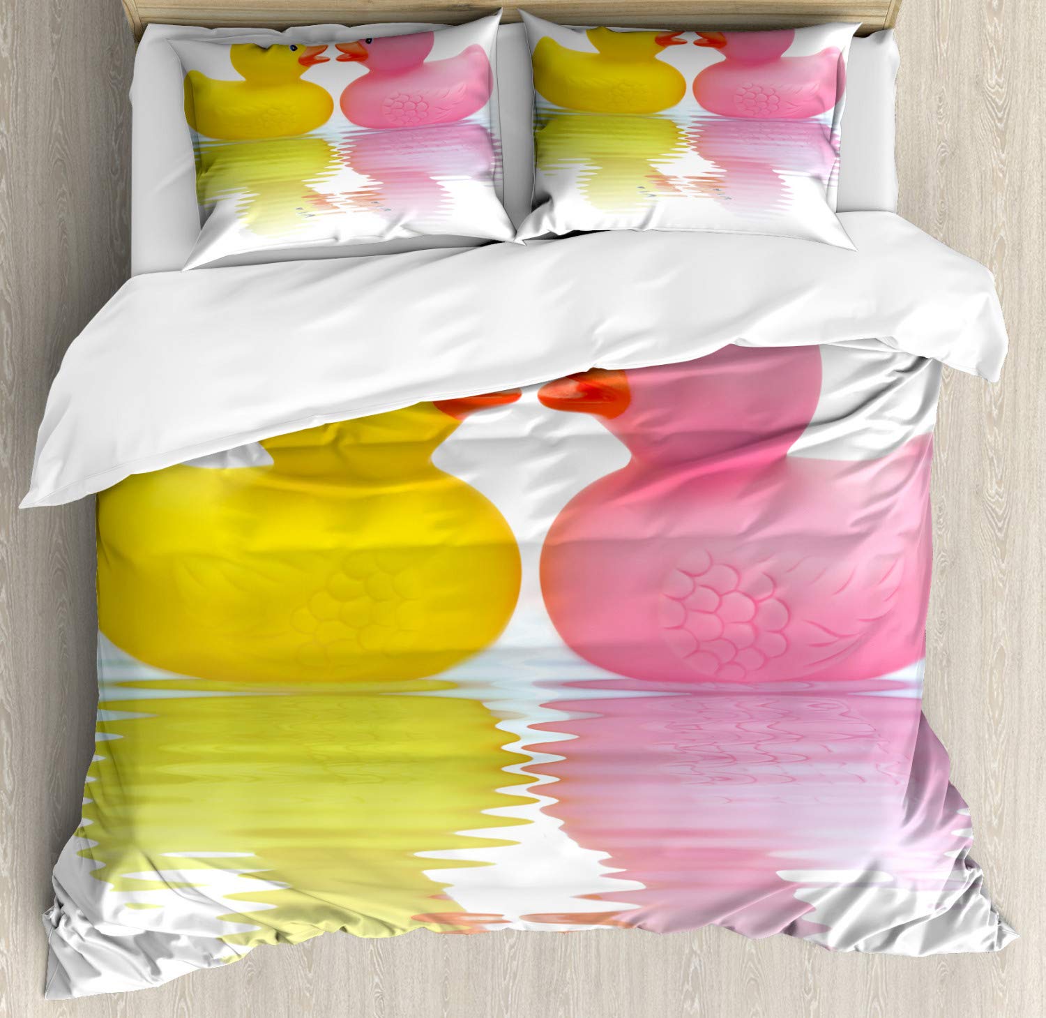Ambesonne Rubber Duck Duvet Cover Set - Romantic Love Theme 3-Piece King Size Bedding with 2 Pillow Shams (Yellow, Pink, White) - Perfect for Couples Bedroom Decor & Valentine's Day Gift