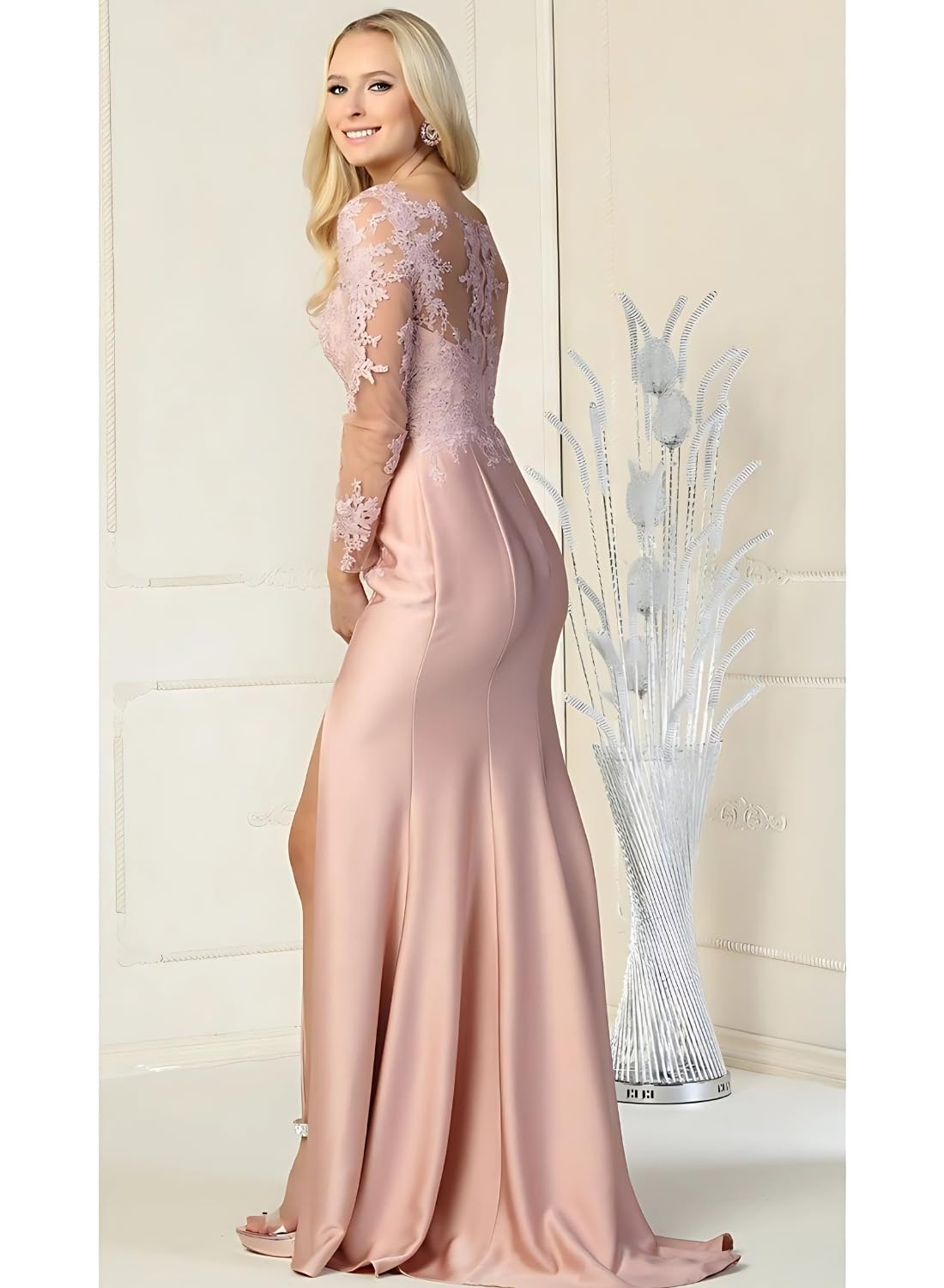 Elegant Embroidered Long Sleeve Evening Gown for Women - High Slit Mother of The Bride Dress - Perfect for Weddings, Galas, and Formal Occasions