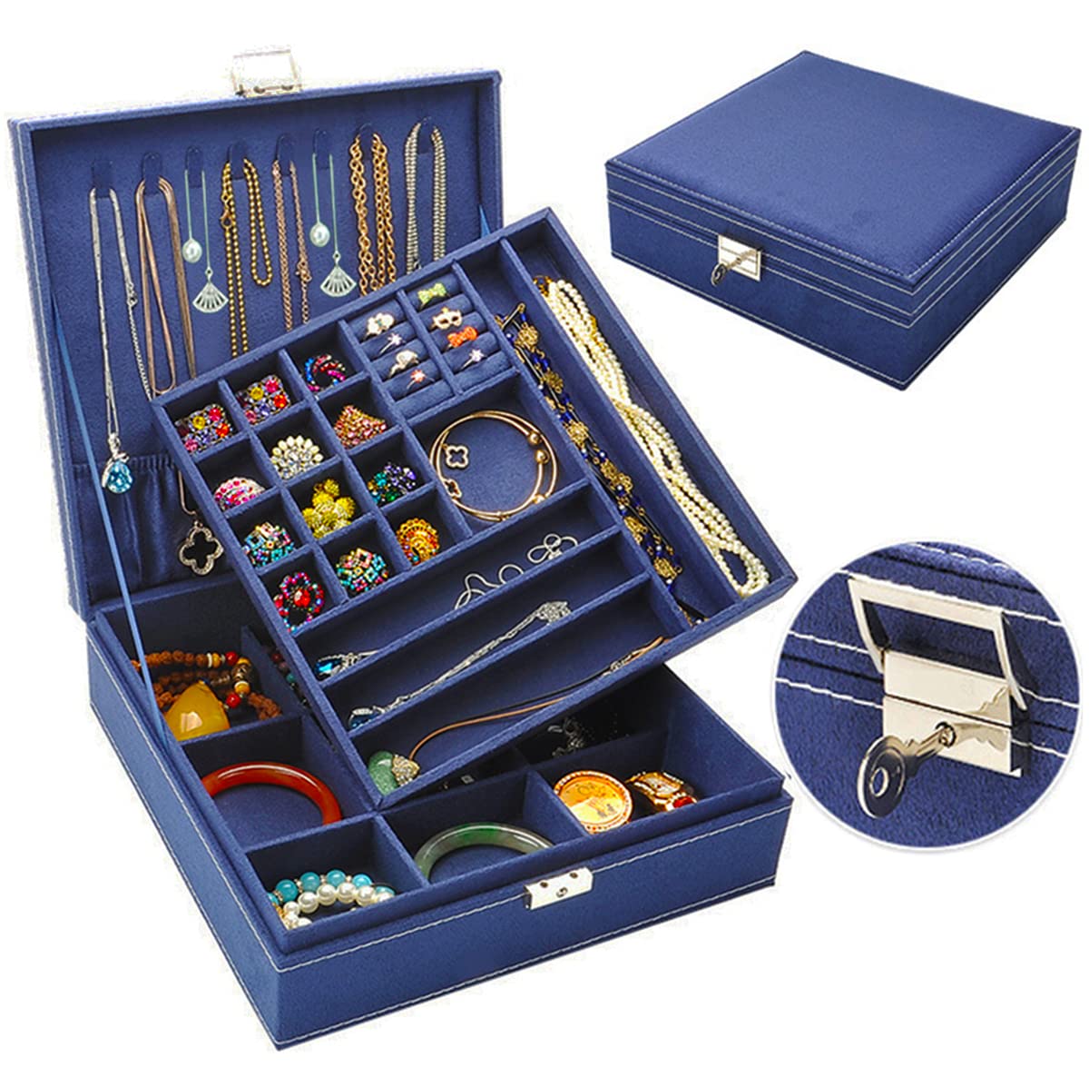 QBestry Vintage Jewelry Box with Lock - 2 Layer Large Jewelry Organizer for Men & Women - Necklace, Bracelet & Ring Storage Case - Perfect Jewelry Gift for Her, Navy Blue | Great for Travel, Home Decor & Gift Giving