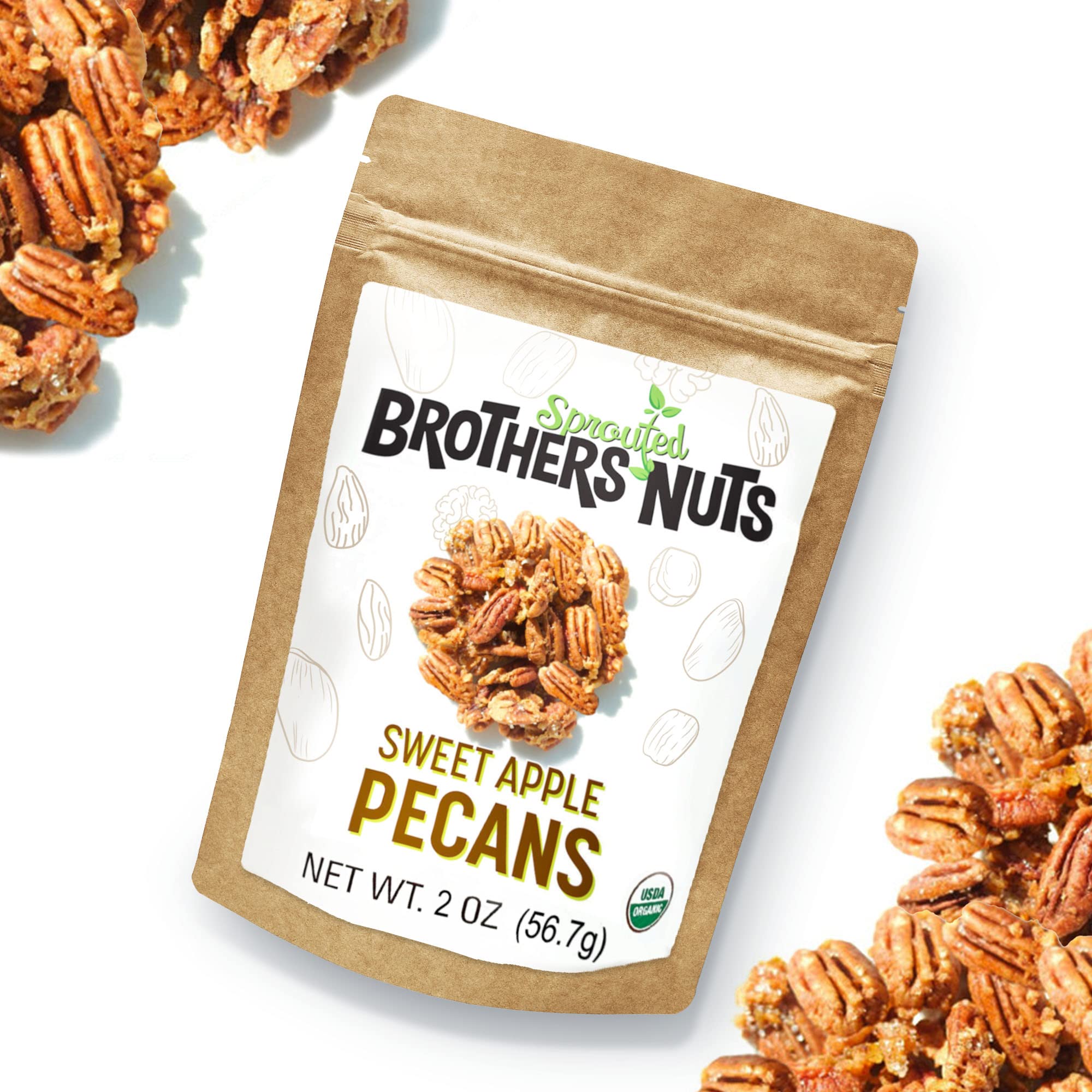 Brothers Nuts - Sweet Apple Flavored Pecans | Natural, Gluten-Free, Vegan, Keto Friendly Snacks | Sprouted Pecans Halves & Pieces | No Preservatives, All Natural Ingredients | 2 oz Pack | Perfect for Healthy Snacking, Baking, Salads & Trail Mixes