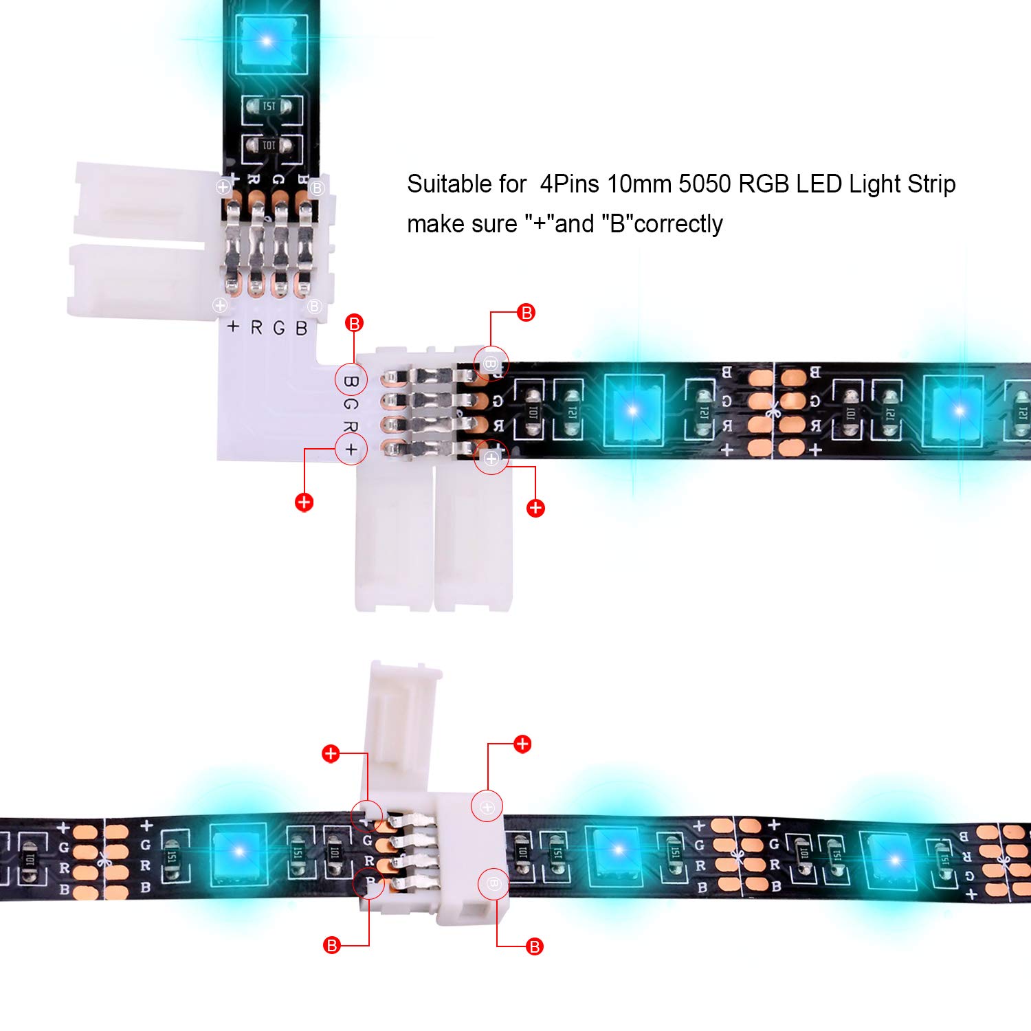5050 RGB LED Strip Connectors 4 Pin - 10mm L Shape LED Light Connector Kit for Indoor/Outdoor Decoration, Home Theater & DIY Lighting Projects