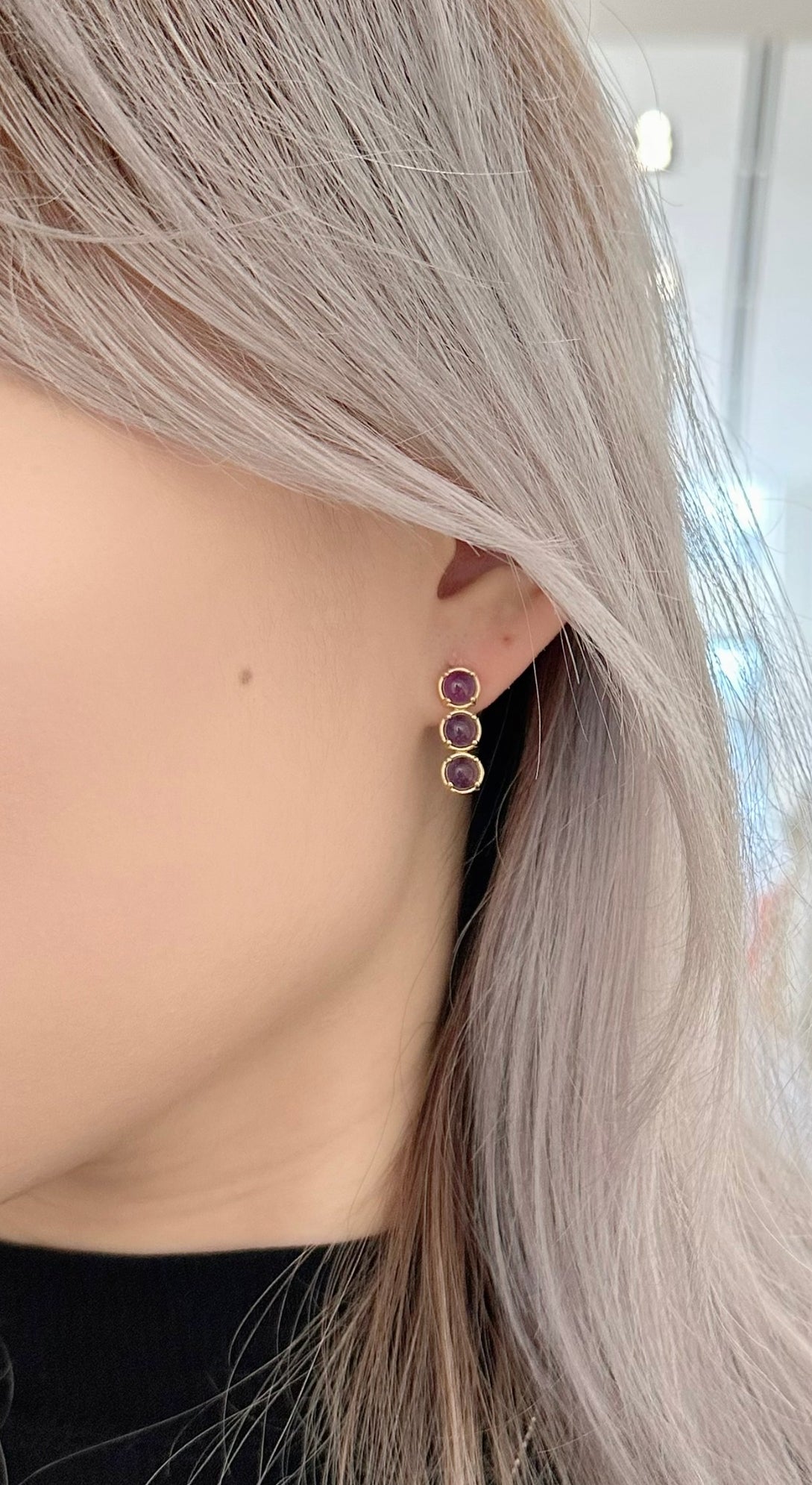 Amare Wear Petite Amethyst Triple Dangle Earrings for Women - Elegant Purple Gemstone Jewelry for Daily Wear, Party & Special Occasions