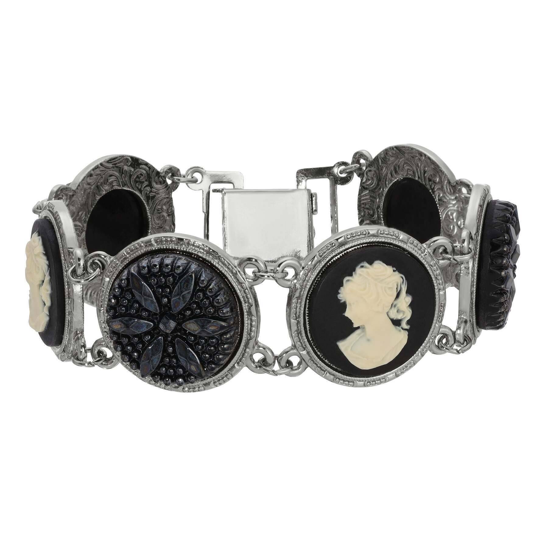 1928 Vintage Black Floral Glass Stone Cameo Clasp Bracelet for Women - Elegant Antique Jewelry Gift for Birthday, Anniversary & Special Occasions