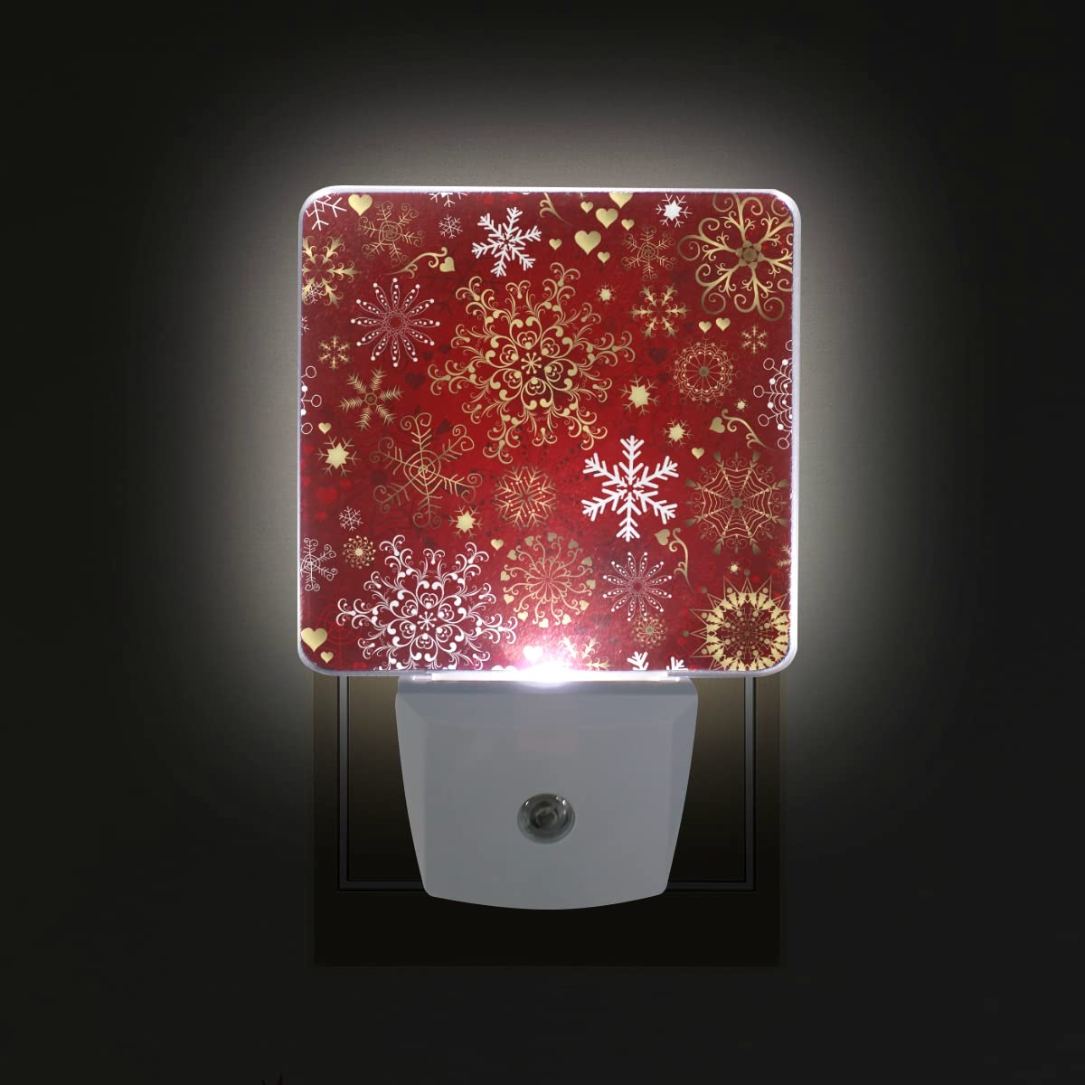 Christmas Red Seamless Pattern with Gold & White Snowflakes - Set of 2 Plug-in LED Night Lights with Auto Dusk-to-Dawn Sensor - Perfect for Bedroom, Bathroom, Nursery & Home Decor - Creates Cozy Holiday Ambiance