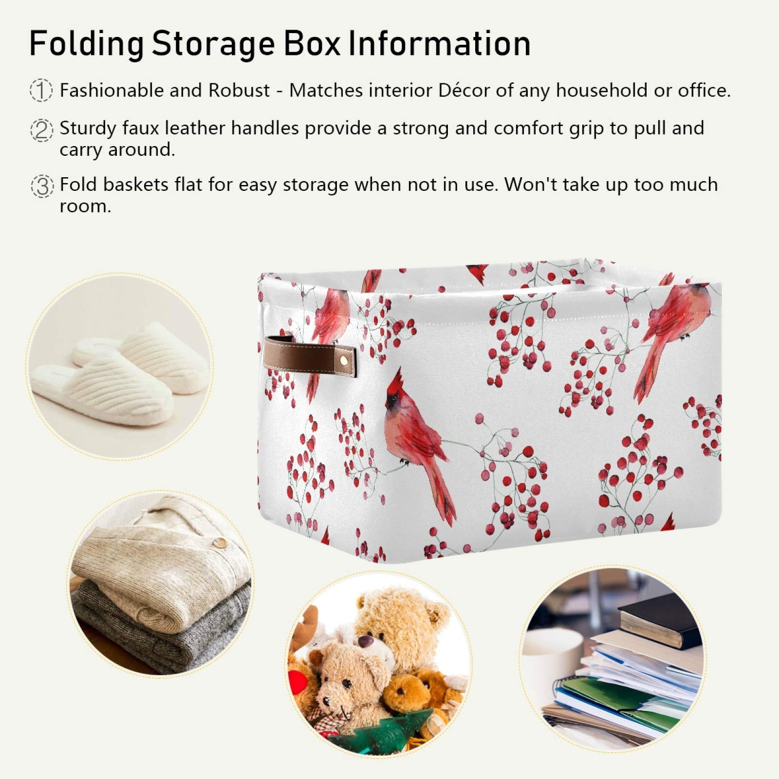Susiyo Large Foldable Storage Bin - Winter Cardinal Birds Fabric Collapsible Basket with PU Handles | 2-Pack Organizer for Shelves, Closet, Bedroom & Living Room | Perfect for Seasonal Decor, Toy Storage & Home Organization