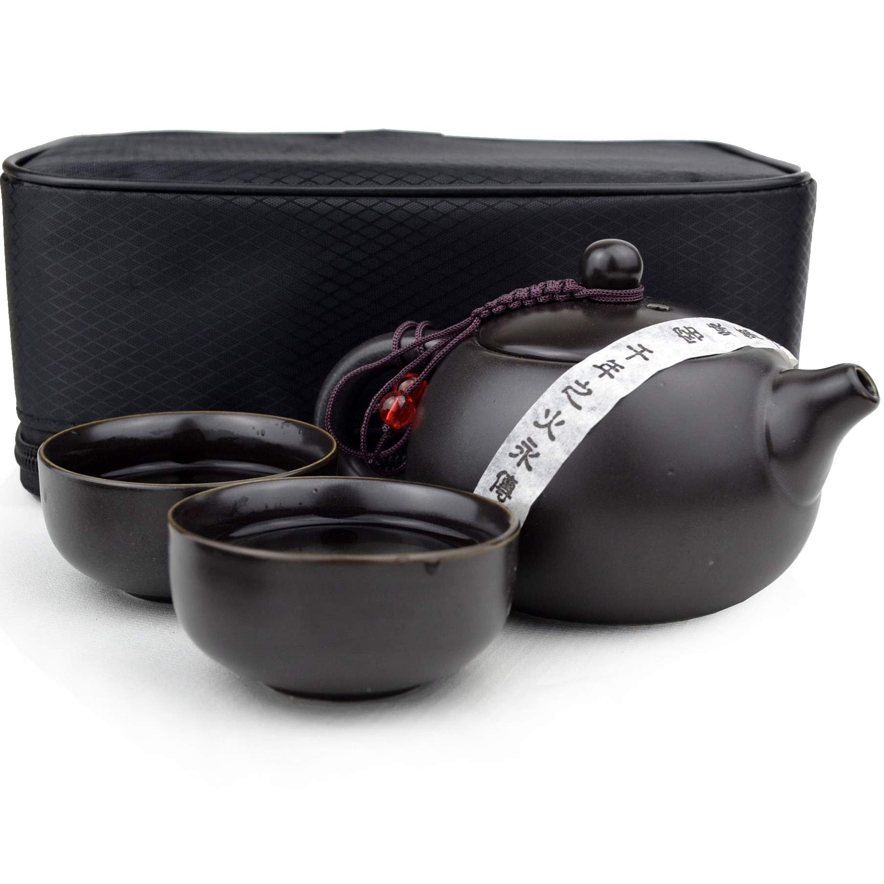 Premium Chinese Ceramic Teapot Set - White, Cyan & Black Travel Xishi Pot with 2 Cups (Black 1 Pot 2 Cups) | Portable Tea Brewing Kit for Home, Office & Outdoor Picnics
