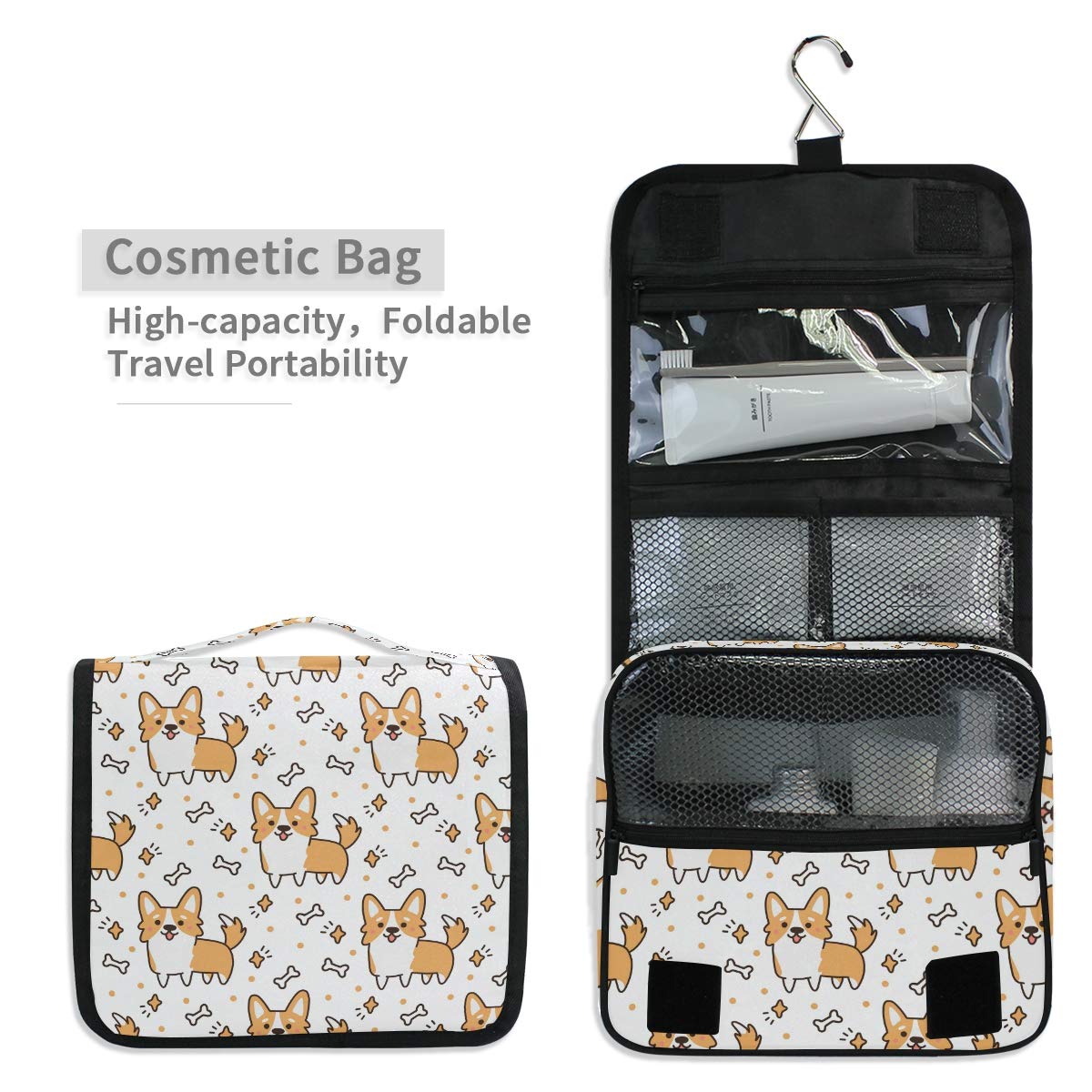 Cute Corgi Dog Hanging Toiletry Bag for Women - Travel Cosmetic Organizer with Sturdy Hook, Portable Makeup Pouch for Bathroom & Vacation - Perfect for Camping, Gym, and College Dorm Essentials