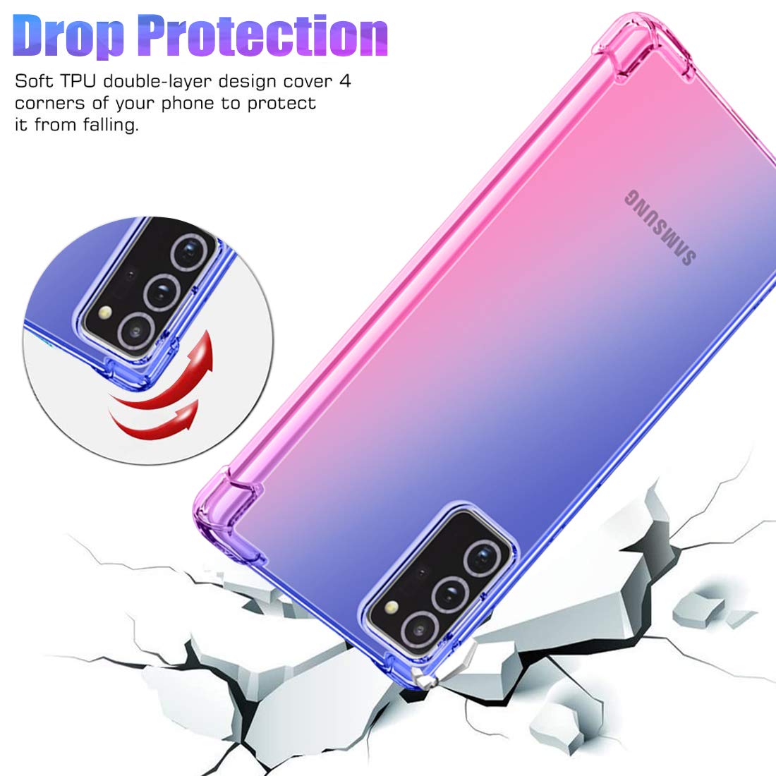 **Samsung Galaxy Note 20 Case - Slim Gradient TPU Phone Cover, Anti-Scratch & Shockproof, Soft Clear Protective Case for Note 20 6.7 Inch (2020) - Blue/Pink - Perfect for Everyday Use & Travel**