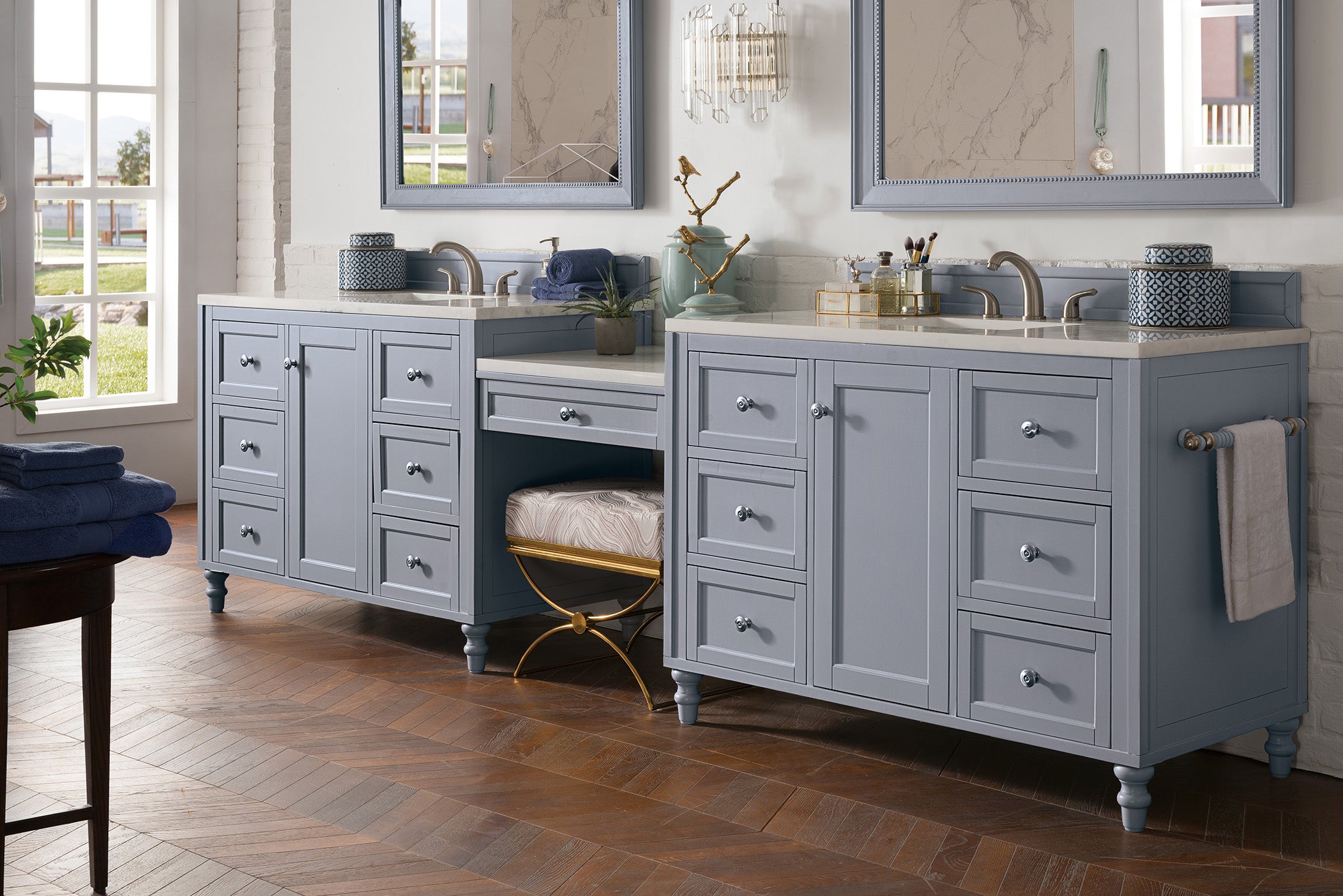 Copper Cove Encore 122 Double Vanity Set with Makeup Table - Silver Gray Finish, 3CM Arctic Fall Solid Surface Top - Perfect for Master Bathroom & Luxury Home Renovation
