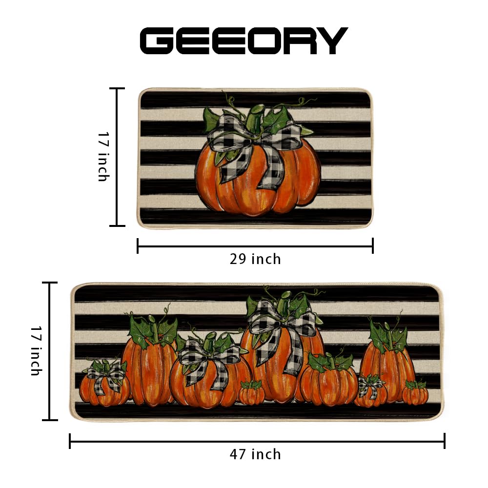 GEEORY Fall Kitchen Mats Set of 2 - Striped Pumpkin Bowknot Non-Slip Floor Mats for Farmhouse Decor, Thanksgiving & Holiday Season, 17x29 & 17x47 Inch (Striped) GK068 - Perfect for Entryway, Living Room & Seasonal Home Decor