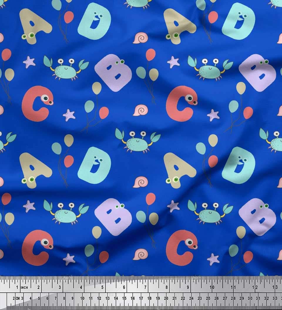 Soimoi Japan Crepe Blue Fabric by The Yard - 42 Inch Wide - Crab Balloons & Alphabet Print Kids Fabric for DIY Crafts, Quilting, and Children's Room Decor - Educational Playful Pattern Cotton Material