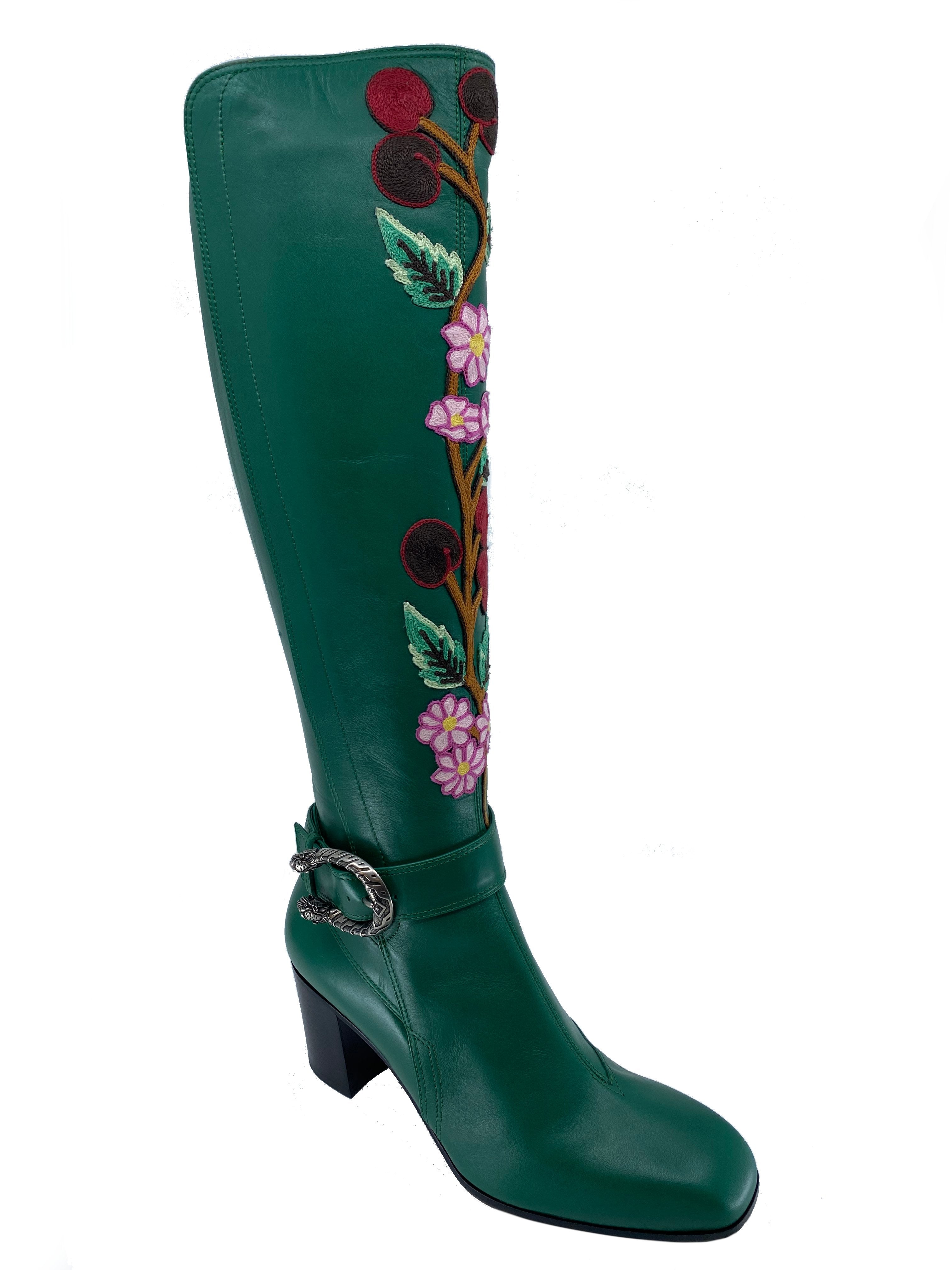 Gucci Dionysus Embroidered Knee Boots Women's Size 7.5 - Luxury Leather Ankle Boots with GG Supreme Canvas for Party & Evening Wear