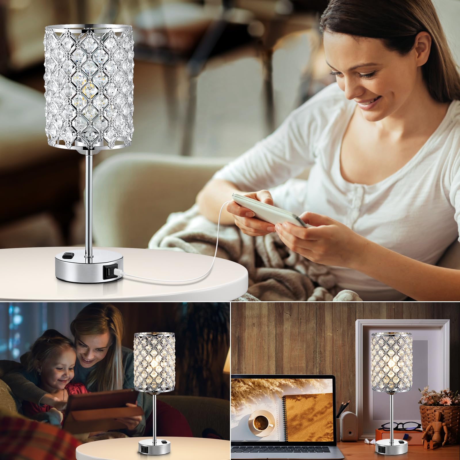 2-Pack Crystal Table Lamps with USB-C & AC Outlet - Silver Nightstand Touch Lamps, 3-Way Dimmable LED Bedside Lamps for Bedroom & Living Room - Perfect for Reading, Working & Creating Cozy Ambiance (Bulbs Included)