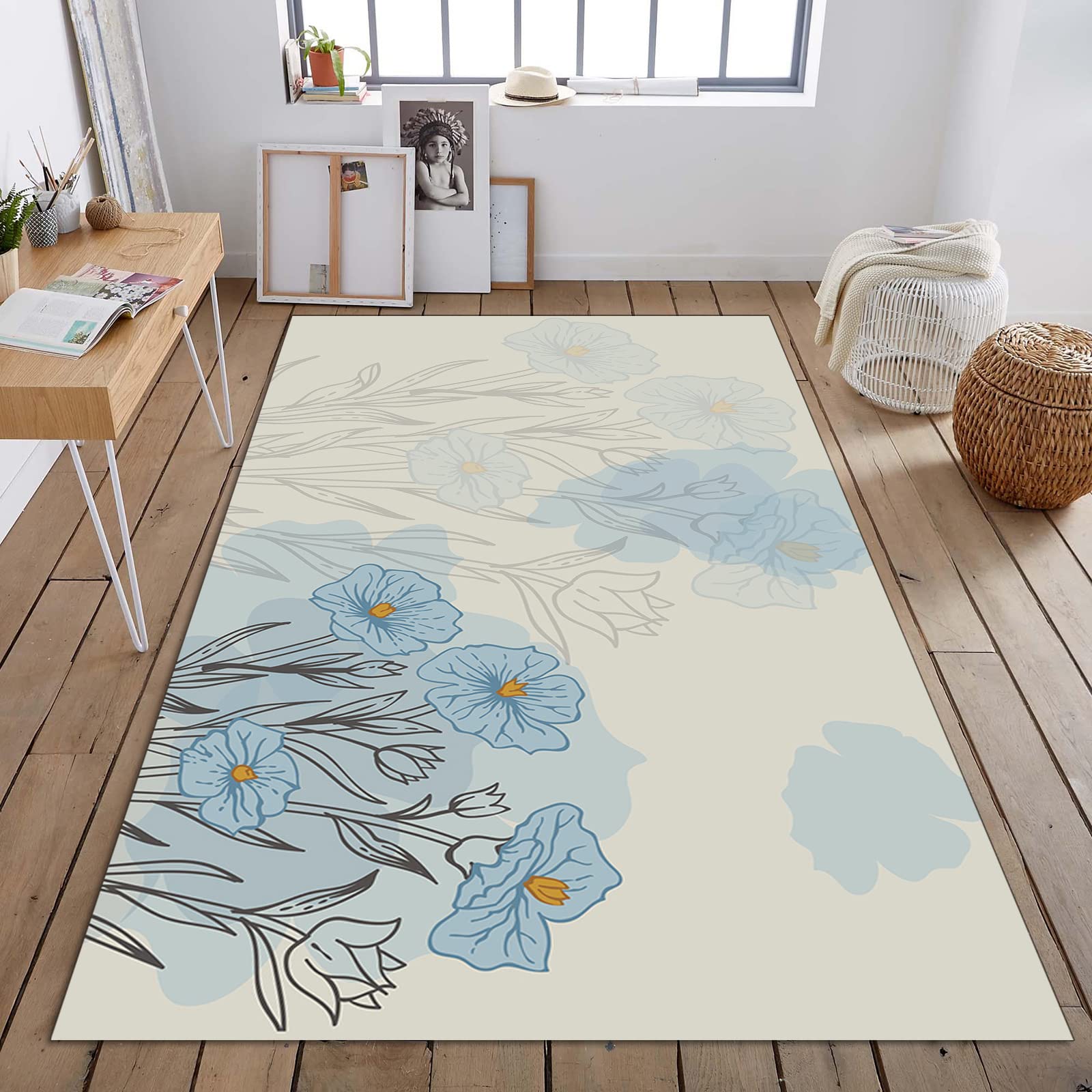 Modern Blue Floral Area Rug 3x5ft - Non-Slip Minimalist Design with Clear Print Pattern for Living Room, Bedroom & Study | Perfect for Home Decor, Office Spaces & Cozy Reading Nooks