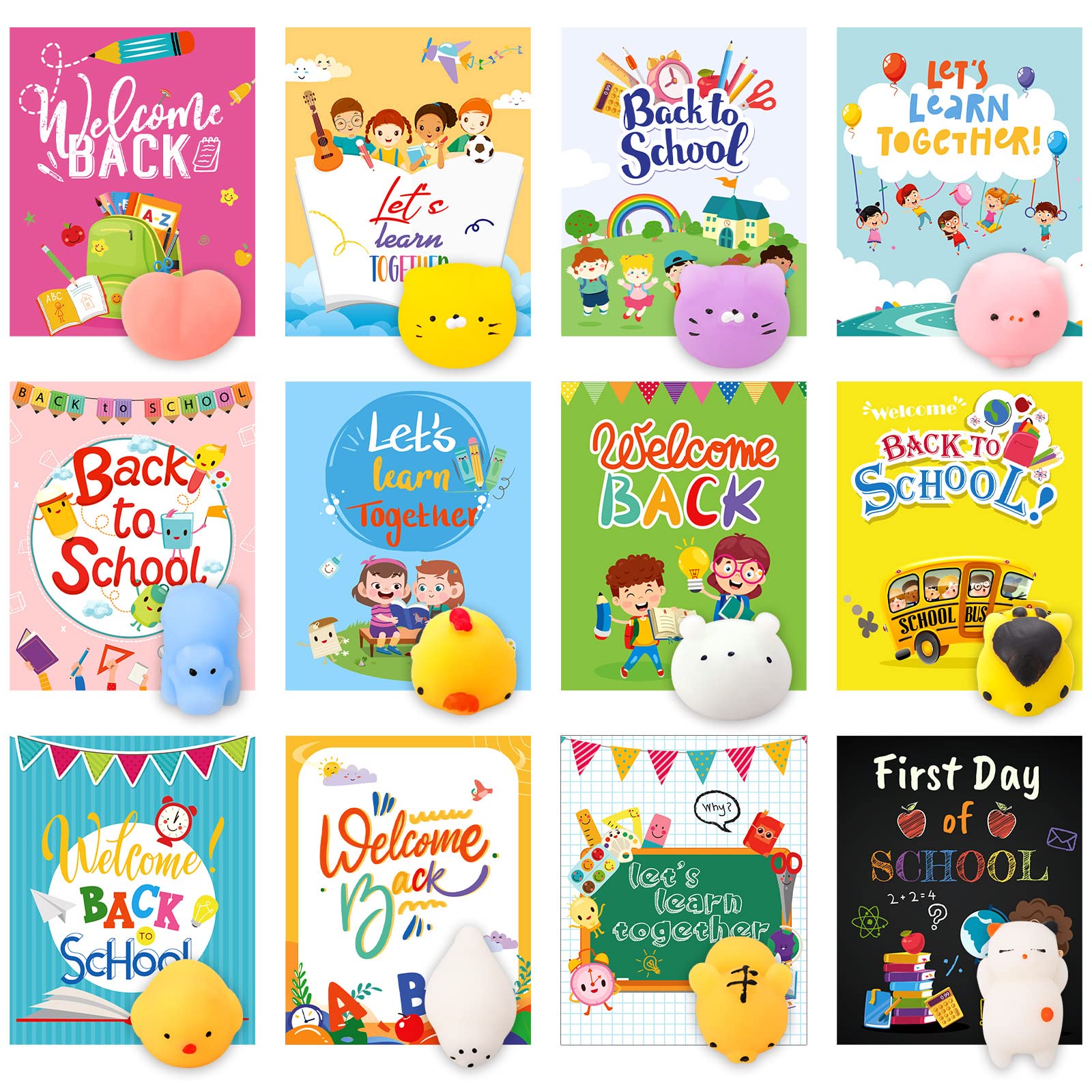 24-Pack Cute Animal Squishy Toys with Back to School Cards - First Day of School Party Favors, Welcome Back Gifts, Stress Relief Toys for Kids & Students - Perfect for Classroom Rewards, Goodie Bags, and School Supplies