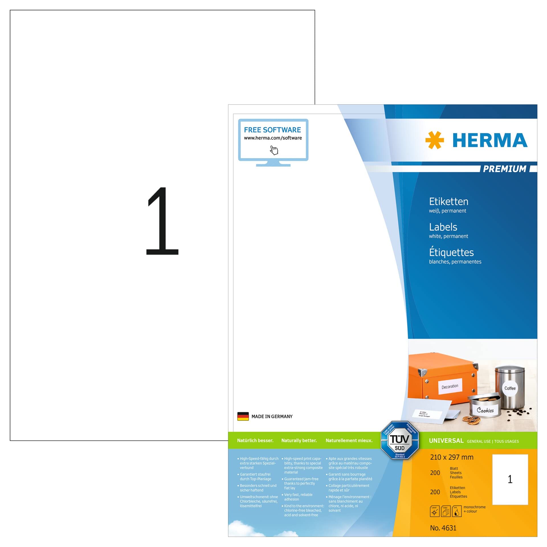 HERMA Self Adhesive Multipurpose Labels - 200 Sheets (1 Label per A4 Sheet), 210x297mm Blank White Stickers for Laser & Inkjet Printers - Perfect for Shipping, Mailing, Organizing & Product Labeling